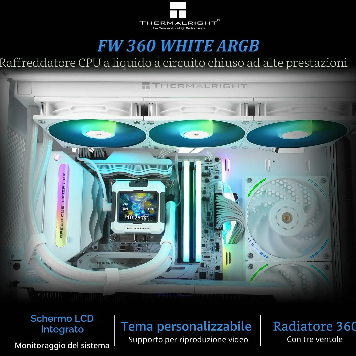 Thermalright FW 360 - Raffreddamento ad Acqua ARGB Bianco Con 3 Ventole PWM, Schermo LCD IPS 320 x 240, 360mm AIO CPU Liquido per AMD/Intel