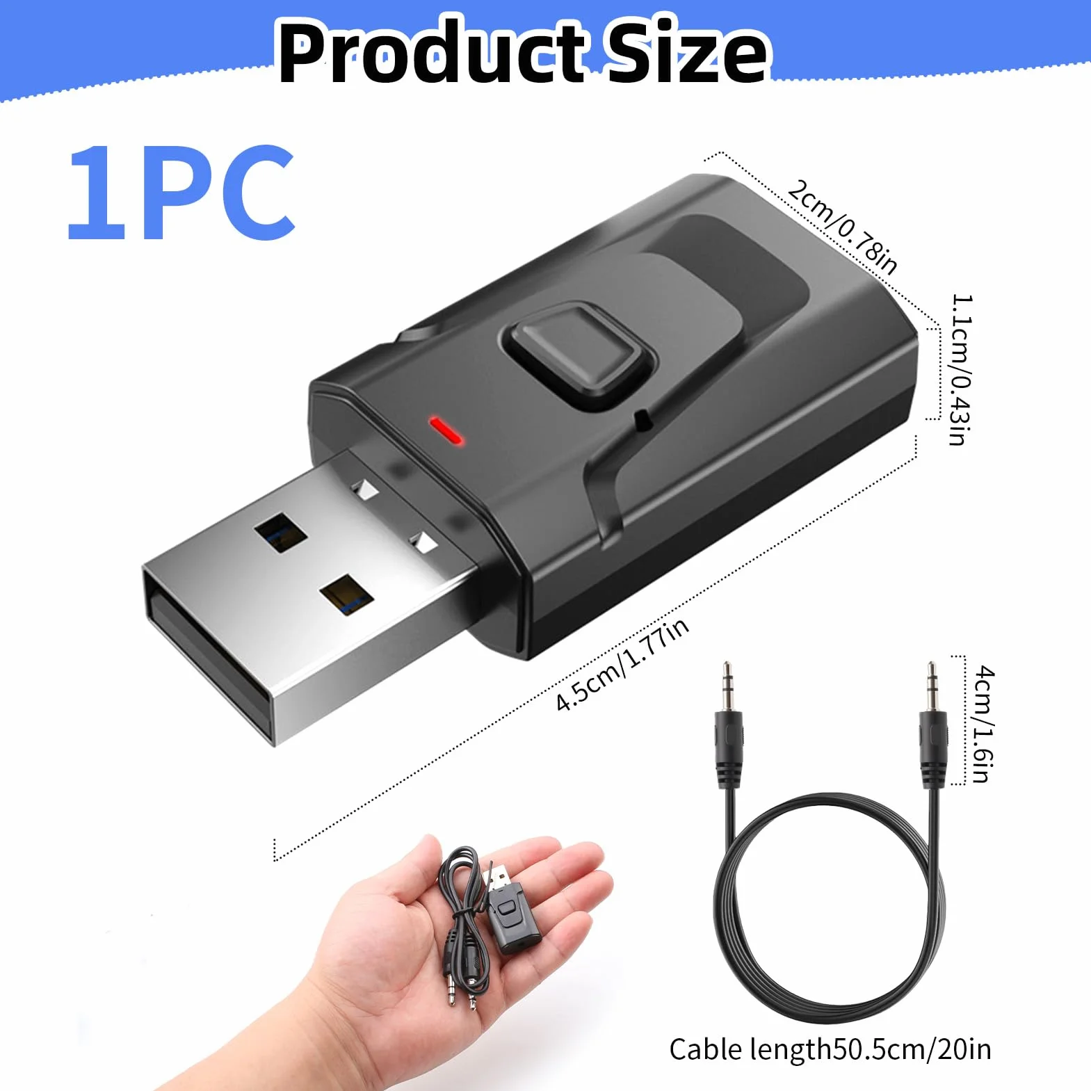 Adattatore Bluetooth USB 5.0 2 in 1 (trasmettitore e ricevitore), audio stereo wireless con jack da 3,5 mm per TV, PC, auto, altoparlanti, cuffie, vivavoce, senza latenza