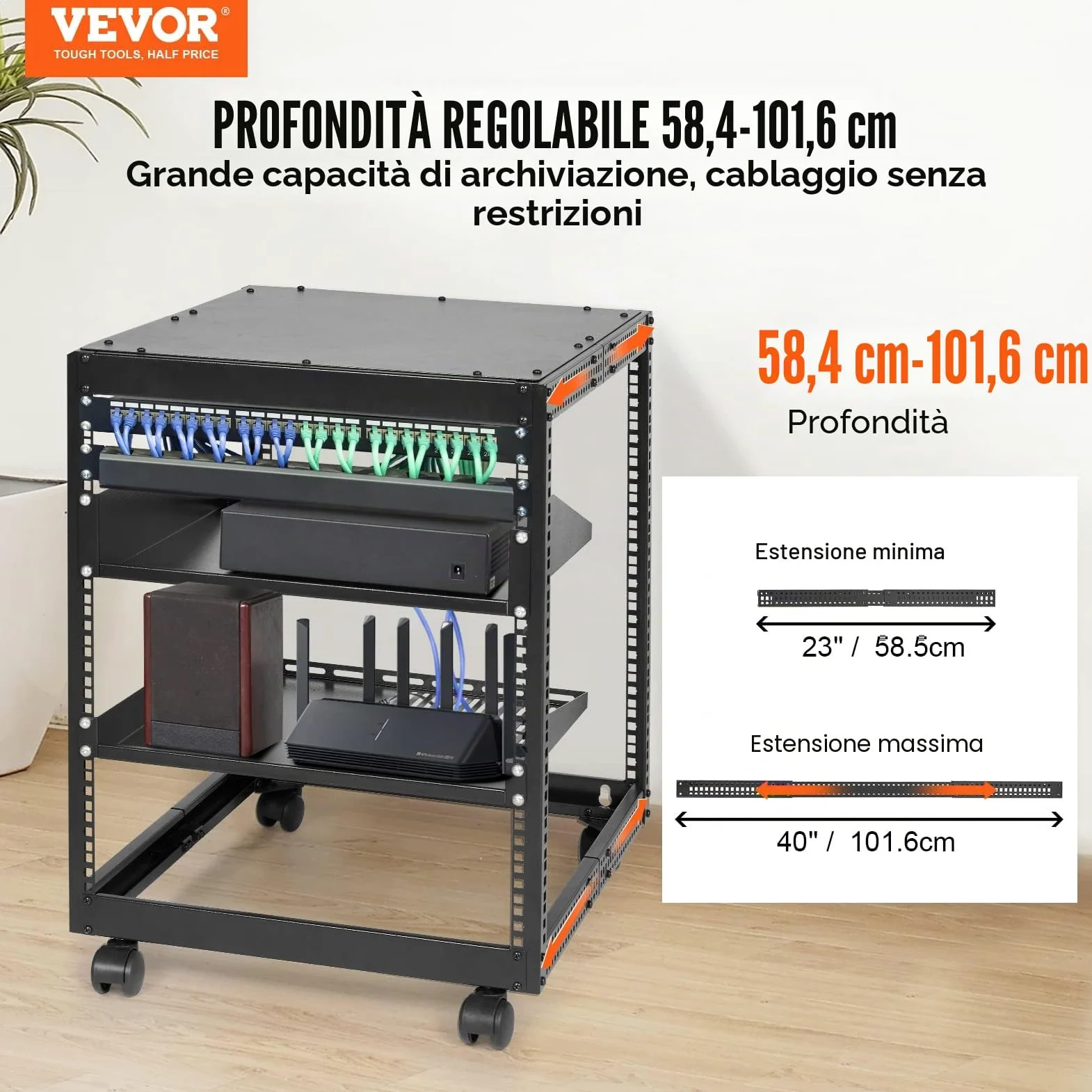 VEVOR Server Rack a Telaio Aperto 12U, Profondità Regolabile da 15''-40'', Server di Rete Rack da Autoportante o con Montaggio a Parete, Rack AV a 4 Posti con Ruote