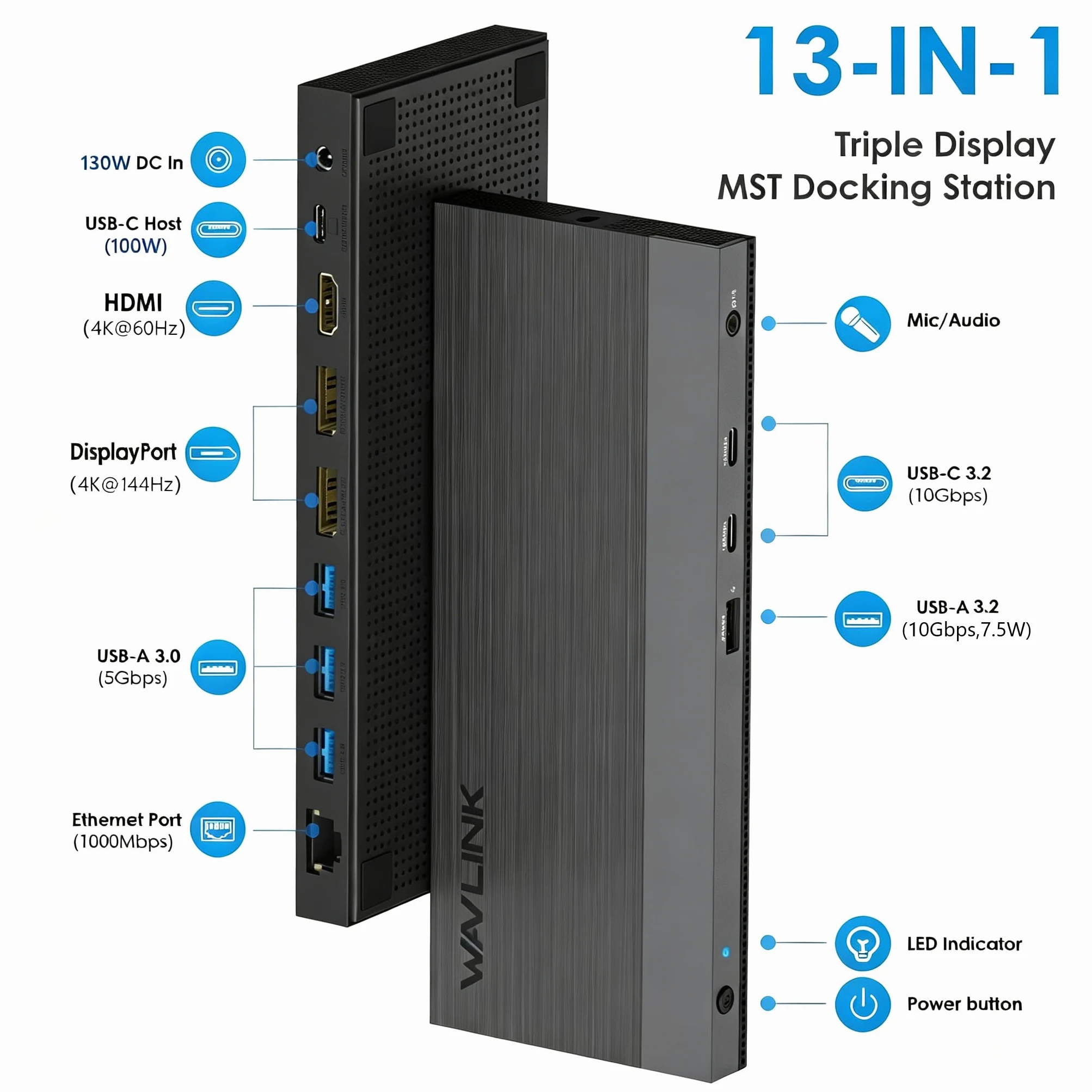 Docking station per laptop, docking station 3 monitor con 2* DP+HDMI, caricatore PD da 130 W, 2* USB-C 10 Gb, 4* USB-A 5 Gb, Audio, Gigabit Ethernet, TF/SD per Lenovo HP Dell, computer di sistema