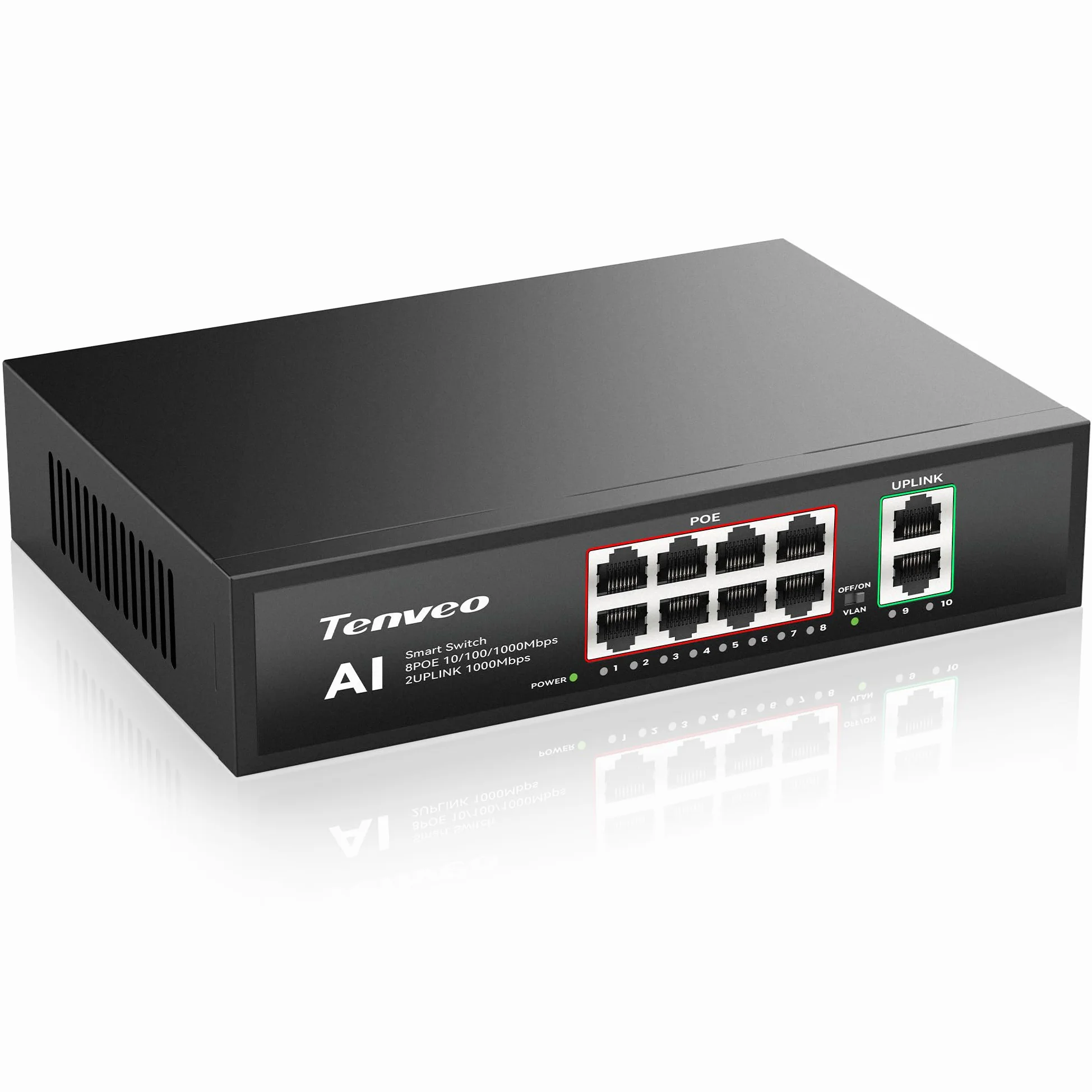 Tenveo Switch PoE 8 Porte Full Gigabit, 8 Porte PoE+ @120W, 2 Porte Uplink, Plug & Play, Supporto VLAN, Alimentazione 802.3af/at 120W, Switch di Rete Professionale AI Smart per Live Streaming