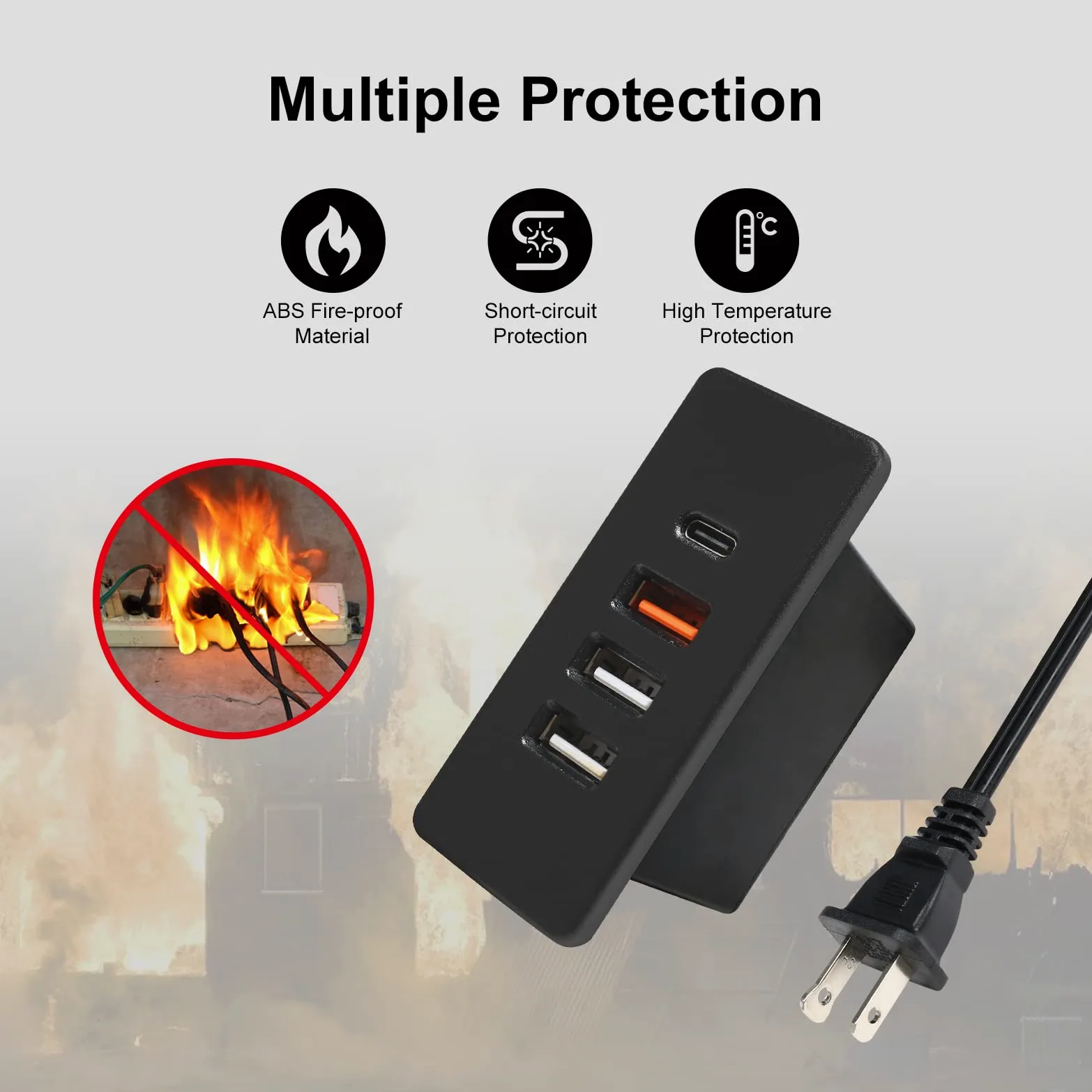 Alimentazione USB C Hub Presa da incasso USB C Ciabatta con Ricarica Rapida 4 porte USB 20 W Montata a letto Scrivania Divano (Nero)