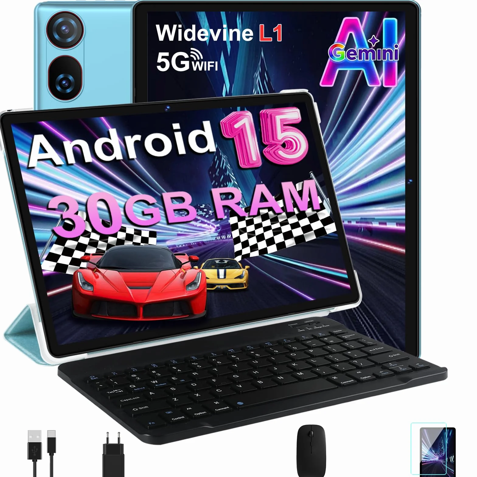 DMOAO Tablet 10 Pollici Android 15 30GB RAM 2TB ROM FHD Tastiera Mouse 5G Wi-Fi GPS Octa-Core USB-C BT 5.0 6000mAh Blu