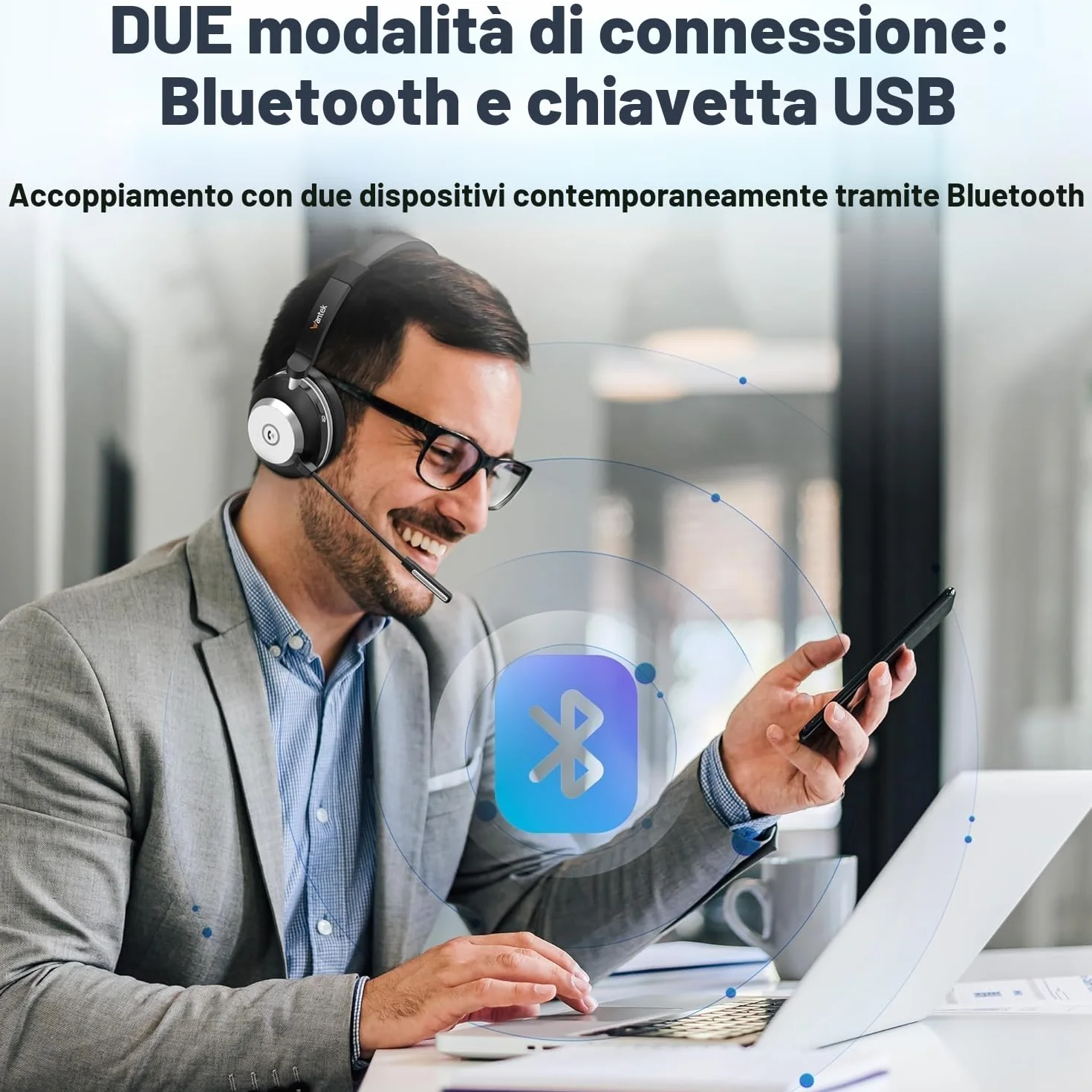 Wantek Cuffie wireless con microfono, Cuffie senza fili Bluetooth con stazione di ricarica o USB Dongle per PC Ufficio Zoom Skype Laptop
