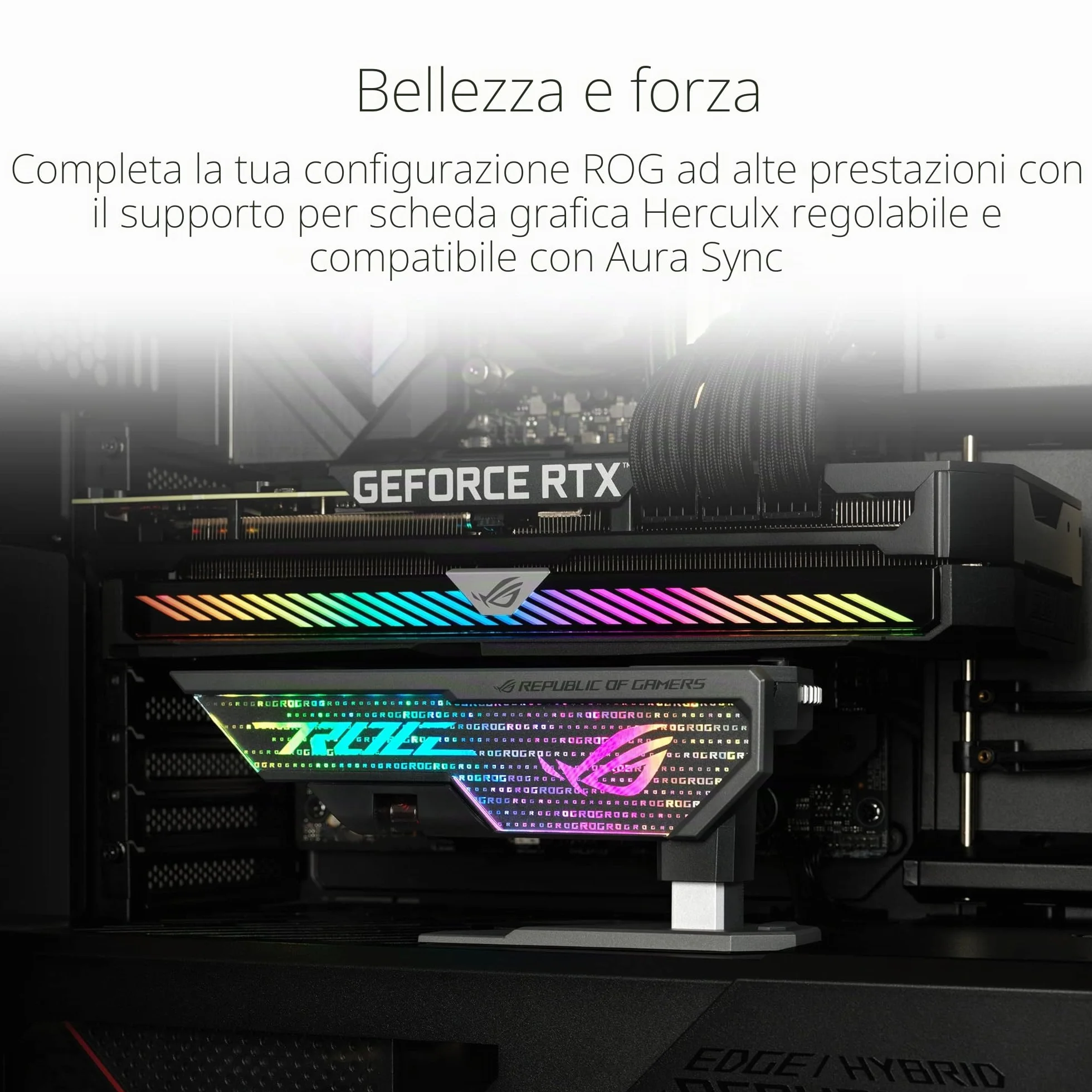 ASUS ROG Herculx Sostegno Per Scheda Grafica, Montaggio Senza Attrezzi, Comoda Livella Integrata, Struttura in Lega Di Zinco, Altezza Regolabile da 72 a 128mm, Aura Sync, Nero