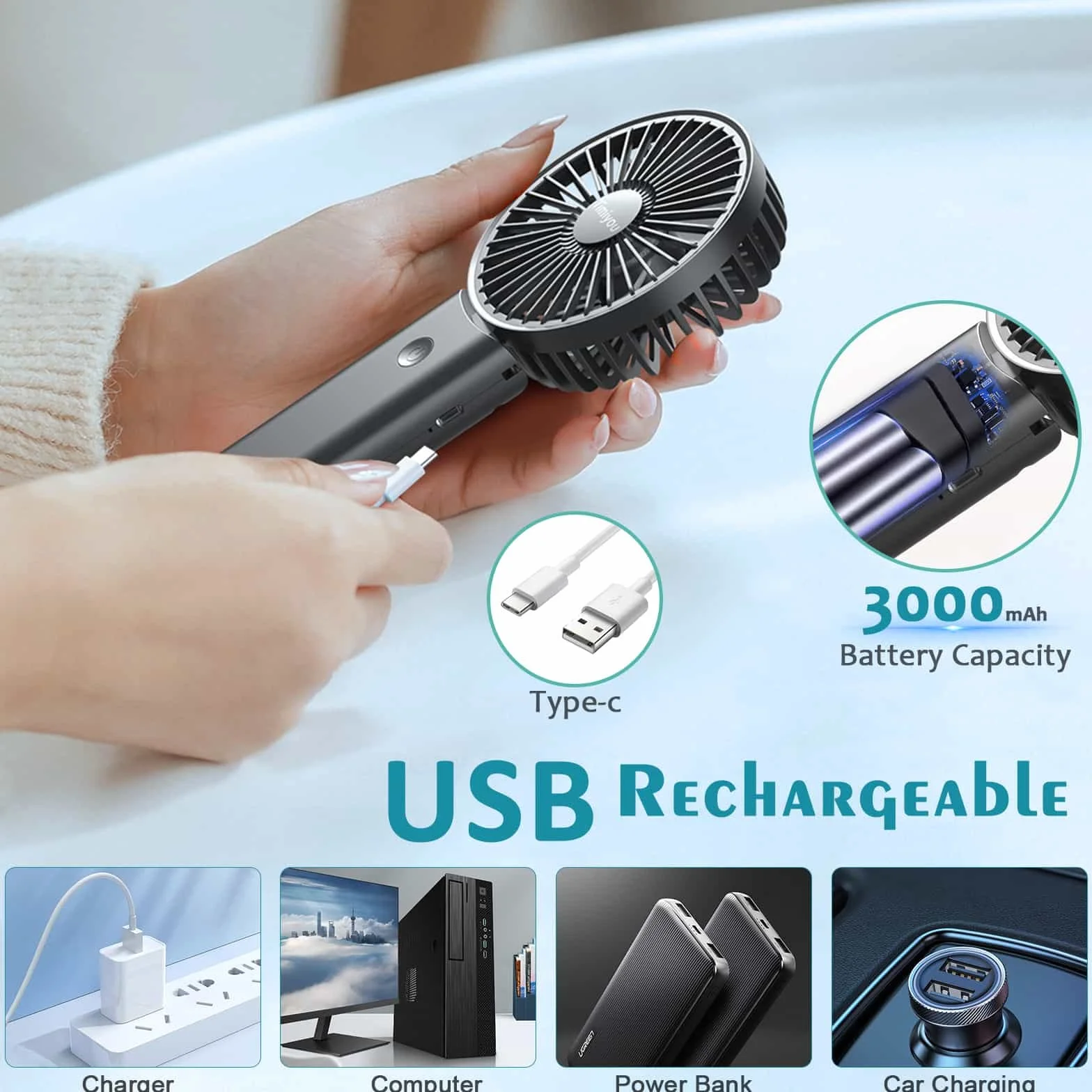 Timiyou Mini Ventilatore Portatile, Ventilatore da Tavolo USB Piccolo, 3 Velocità, a batteria, Pieghevole, Perfetto per Casa, Ufficio, Camera da Letto e Viaggi all’aperto
