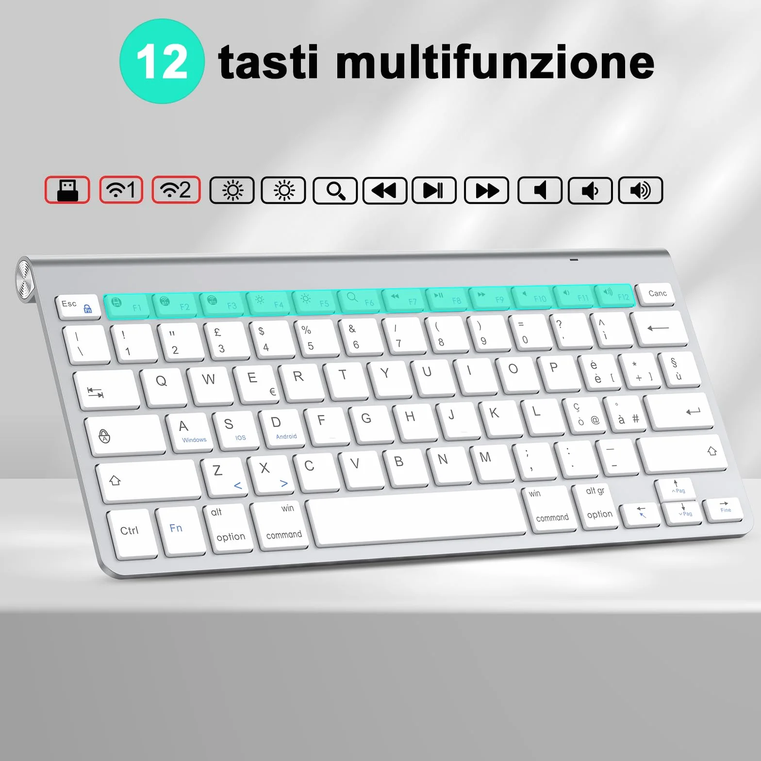 PINKCAT Tastiera wireless, Tastiera Bluetooth &2.4G Layout Italiano QWERTY con tasti multimediali, adatta per PC, laptop, Mac OS, Macbook pro/air, Windows (Argento)