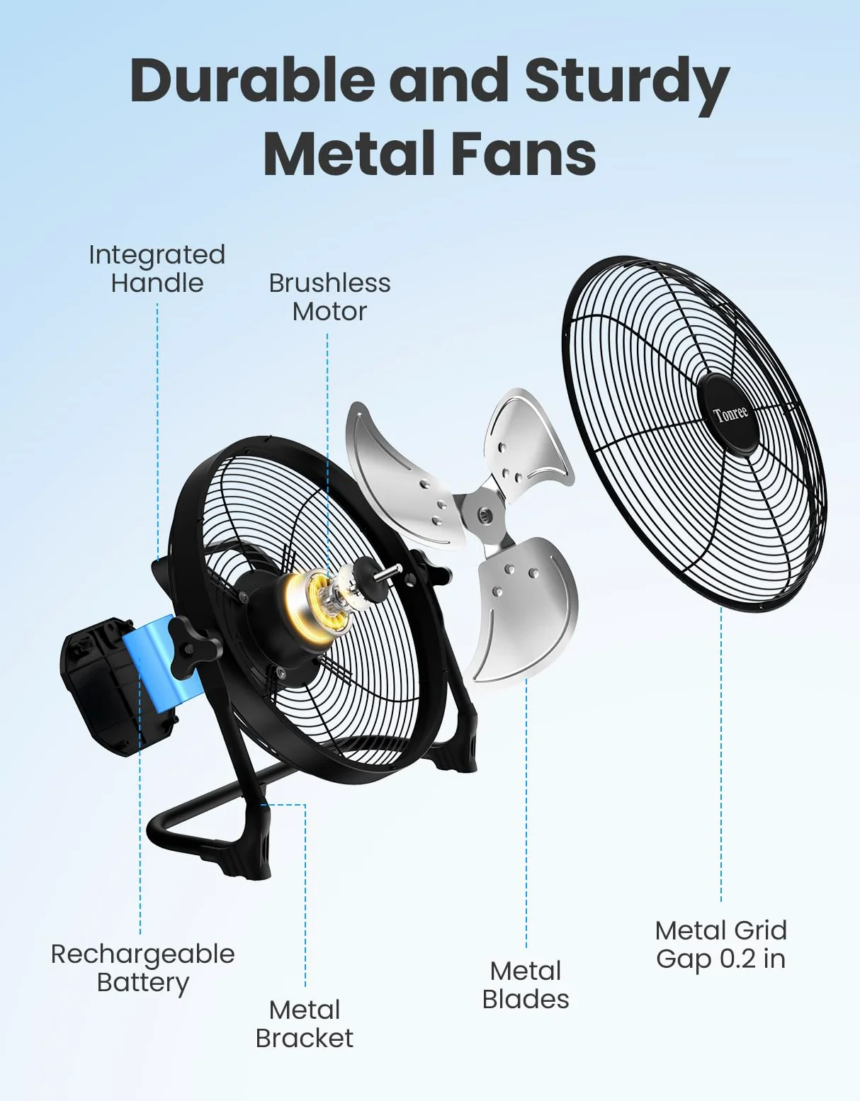 Ventilatore da pavimento portatile da 45,7 cm, a batteria, ricaricabile ad alta velocità, ricarica USB per telefono, durata 12-60 ore, silenzioso, wireless, flusso d'aria, per campeggio, casa