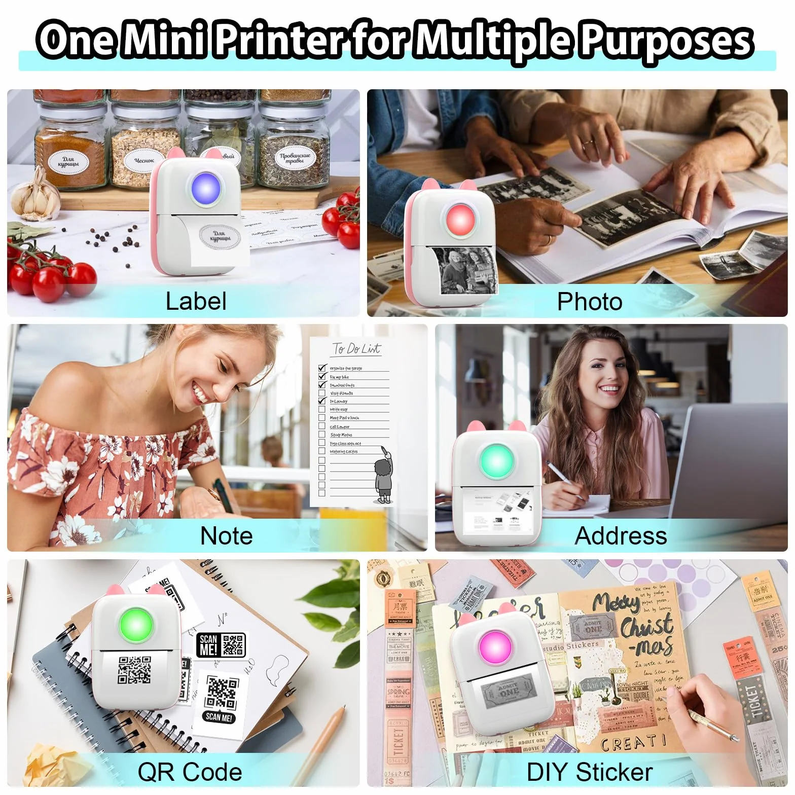 Mini Stampante Fotografica,Stampante Termica,immagine per foto, stampa di ricevute,stampante fotografica,con 10 rotoli di carta 1 adesivo per smartphone, per Fotografica Note Elenco Memo (Pink A)