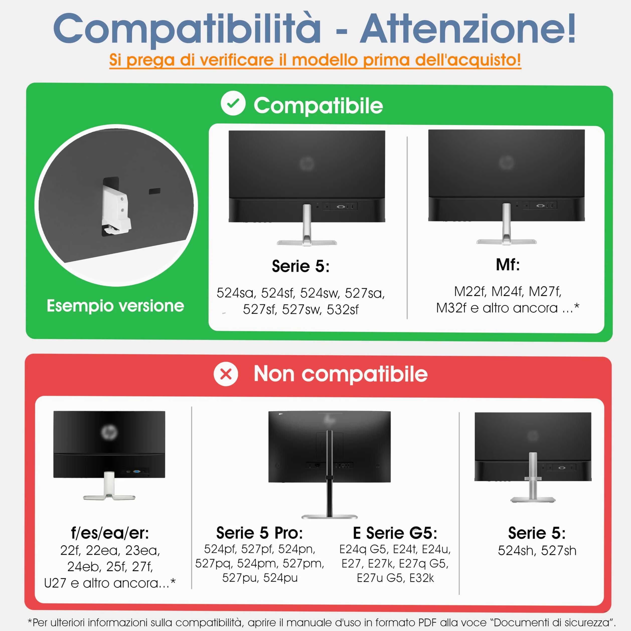3IDEE Pacchetto adattatori VESA per Monitor HP Serie 5 e MF (524sa, 524sf, 524sw, 527sa, 527sf, 527sw, 532sf, M22f, M24f, M27f, M32f) - Adattatore per Supporto Monitor 75x75 mm - 2 pz.