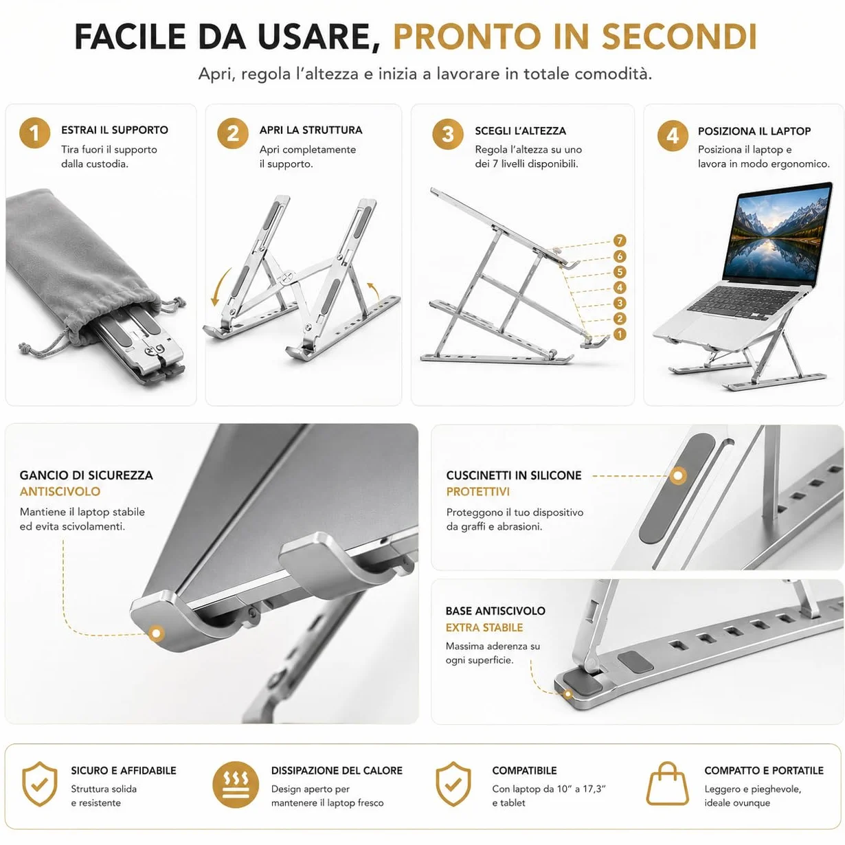 Ali Brothers Supporto per Laptop in Alluminio, Pieghevole e Portatile, Regolabile a 7 Livelli, Antiscivolo, Grigio, Finitura Metallica Anodizzata (supporto da laptop)