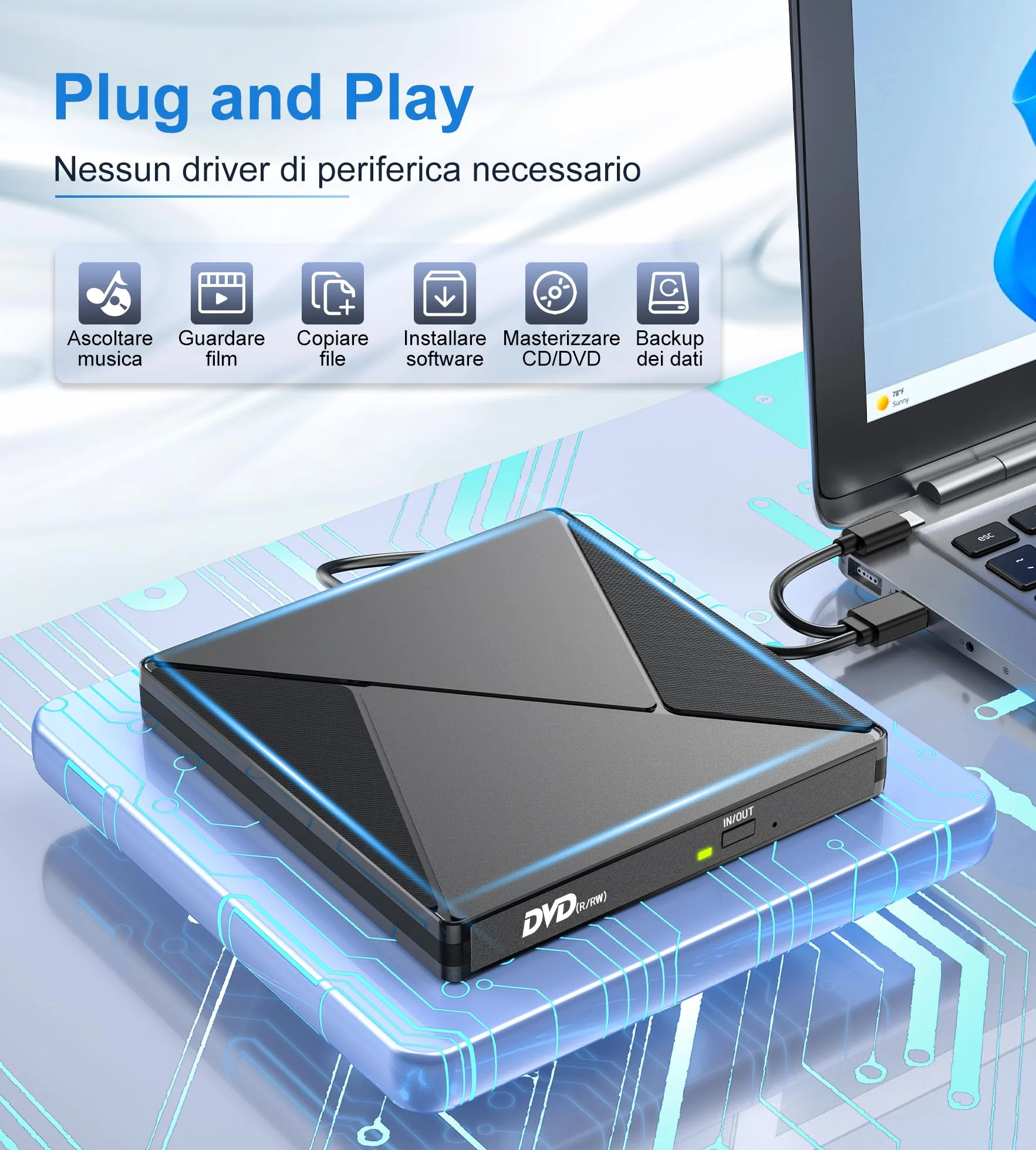Umaniy Lettore DVD CD Esterno per PC Portatile, Masterizzatore CD/DVD +/-RW Drive CD ROM Unità DVD Esterne per Windows/XP/Vista/Linux/MacOS/Linux/Laptop/Desktop