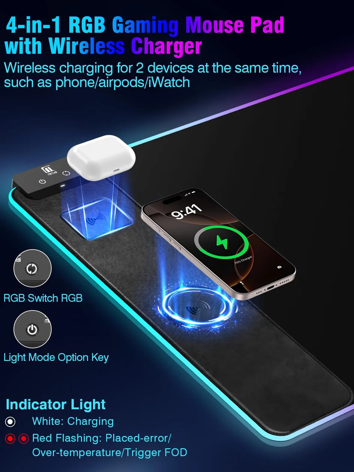 Tappetino per mouse con ricarica wireless magnetica, grande protezione per tappetino da scrivania, tappetino da scrivania nero RGB con caricabatterie rapido da 15 W, tappetino per mouse antiscivolo