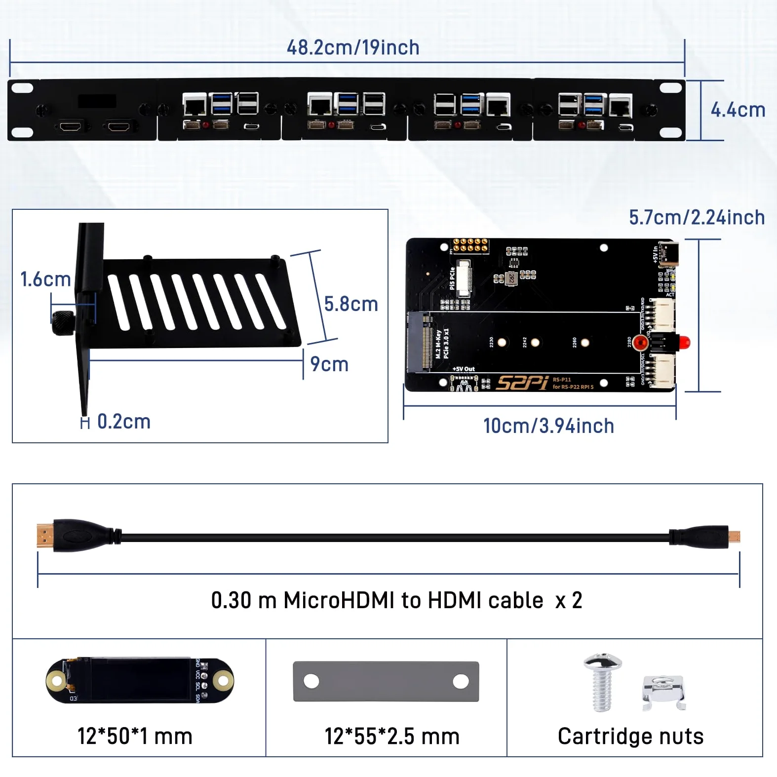 GeeekPi Supporto rack 1U da 19" per Raspberry Pi 5, con 4 adattatori SSD PCIe a M.2 NVMe, display OLED, può contenere fino a 4 schede Raspberry Pi 5, compatibile con server rack da 19"
