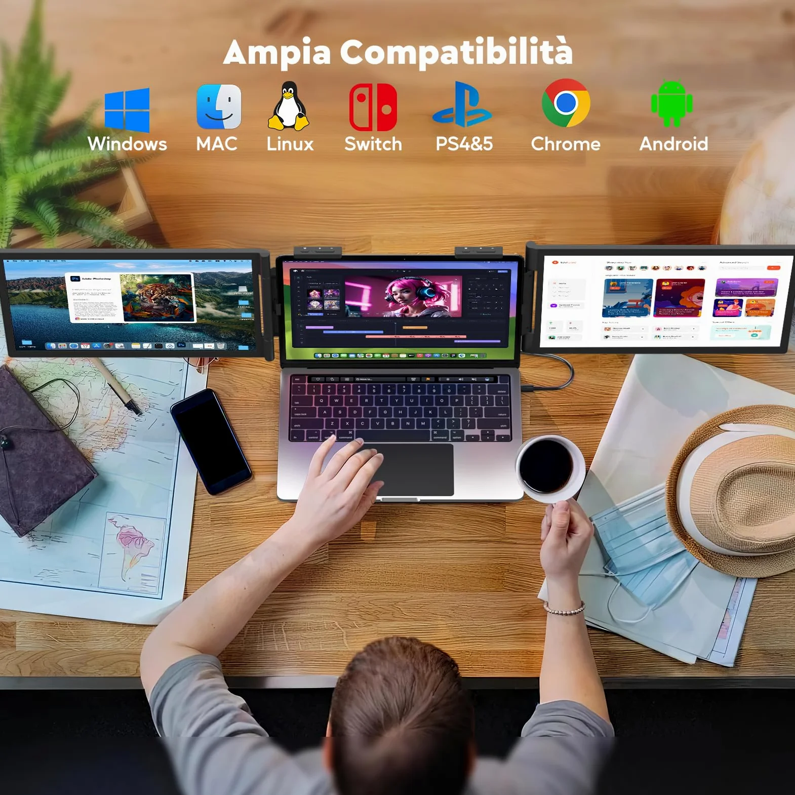 MAGICRAVEN Doppio Schermo PC Portatile, 14" FHD 1080P IPS Triplo Schermo PC Portatile, Monitor Portatile per Laptop da 14" a 16", Doppio Monitor Compatibile con Windows/MacBook/Chrome/PS/X-Bo