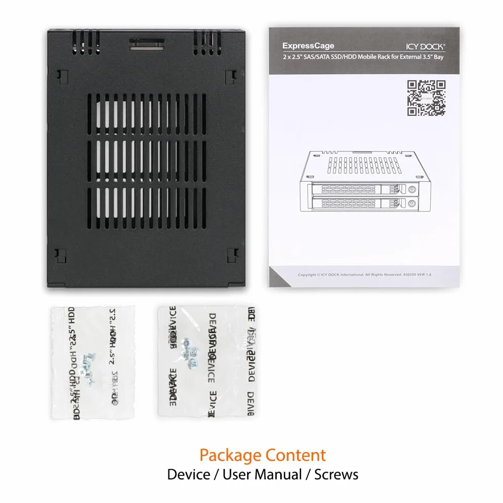 ICY DOCK Rack rimovibile Cage, Hot Swap Rack Case per 2 x 2,5" SAS/SATA HDD/SSD in 3,5" Bay (installazione su disco senza utensili) - ExpressCage MB742SP-B