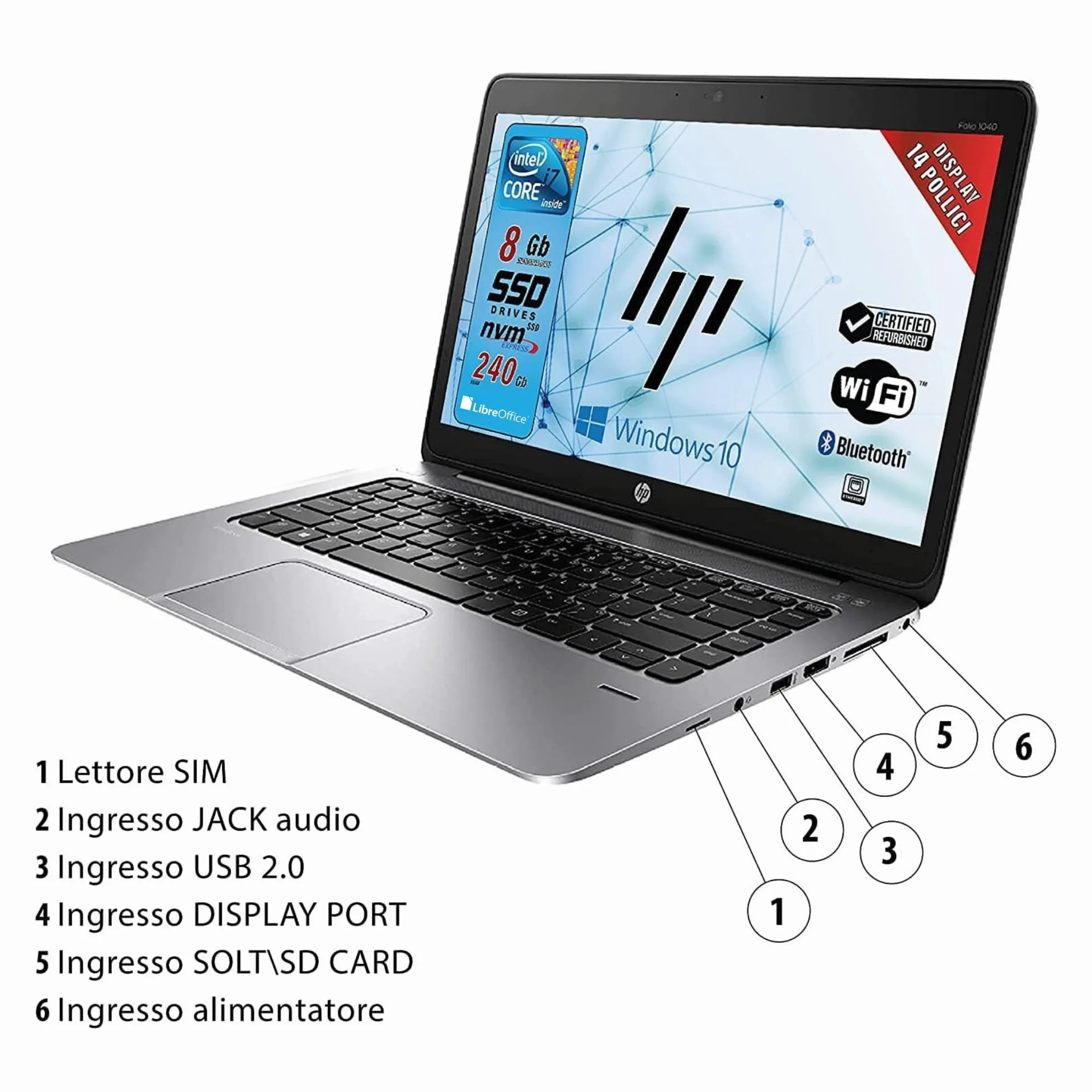 HP Elitebook Folio, Notebook Pc portatile Pronto All'uso, Display 14", Intel Core i7, Ram 8GB, SSD 240GB, Win 10Pro, Pacchetto Libre Office (Ricondizionato)