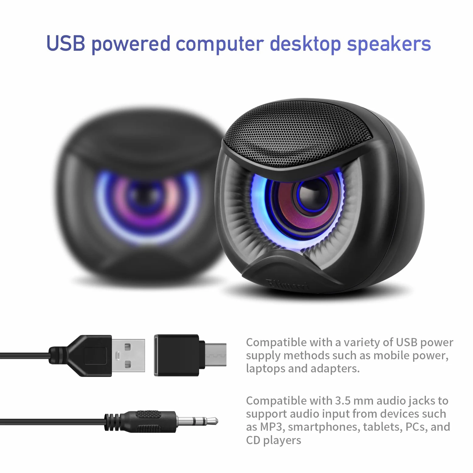 Elimavi Mini altoparlanti per computer alimentati tramite USB con illuminazione RGB blu 2.0, jack per cuffie stereo Plug and Play, compatibili con desktop, laptop (adattatore USB-C incluso)