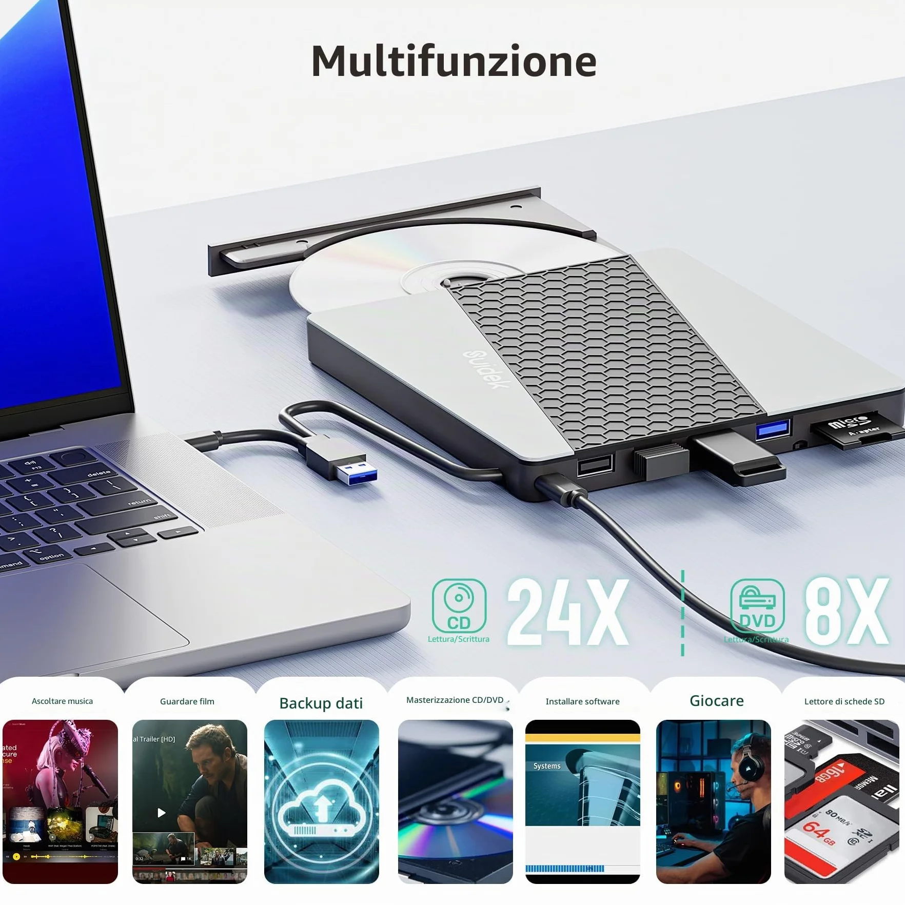 SUIDEK Unità CD/DVD esterna, USB 3.0 USB C portatile CD DVD +/-RW masterizzatore DVD con lettore di schede SD/Micro SD 7 in 1 Hub compatibile con computer portatile, Mac, PC, Windows Linux