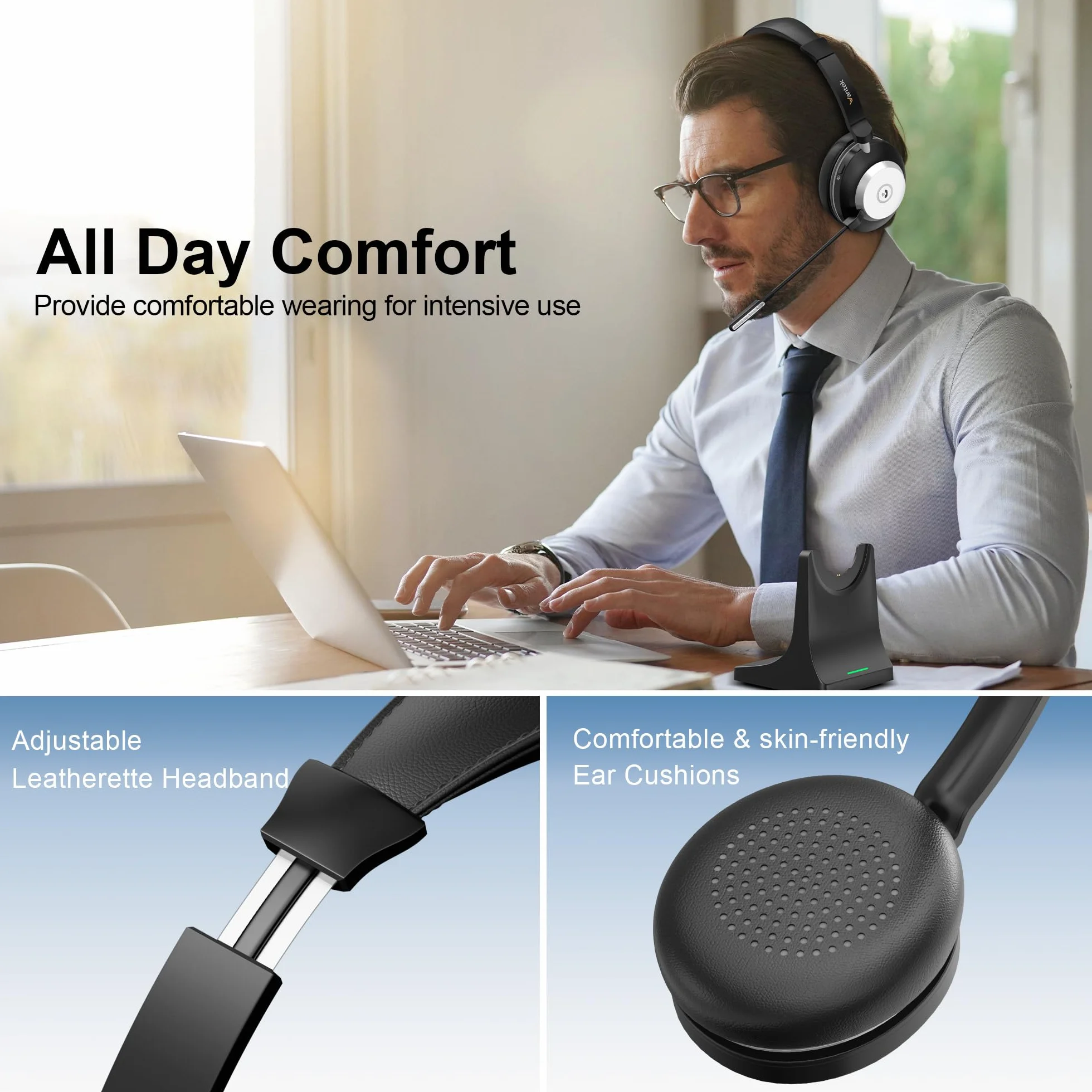 Wantek Cuffie wireless con microfono, Cuffie senza fili Bluetooth con stazione di ricarica o USB Dongle per PC Ufficio Zoom Skype Laptop
