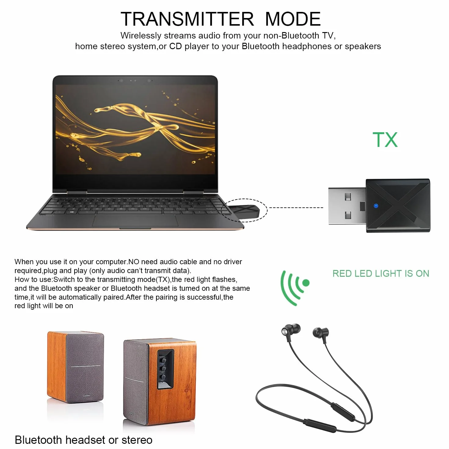 USB Ricevitore Bluetooth Trasmettitore per TV Adattatore Chiavetta BT5.0 con 3.5mm AUX per PC/Cuffie/Altoparlanti/Autoradio/Stereo