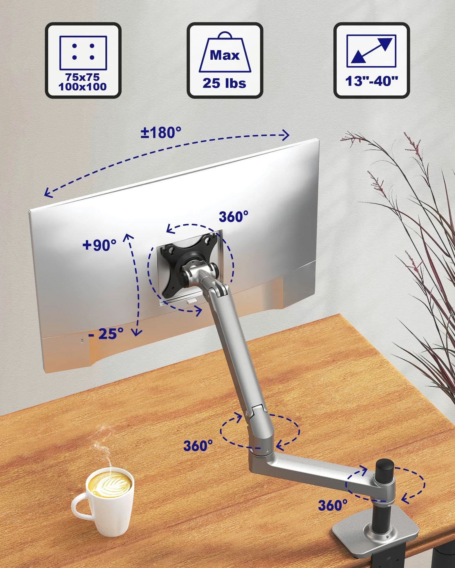 Ergounion Braccio singolo per monitor da scrivania, supporta schermi fino a 40 pollici e 11,3 kg, completamente regolabile, supporto per monitor Vesa con morsetto a C e base con passacavo, in