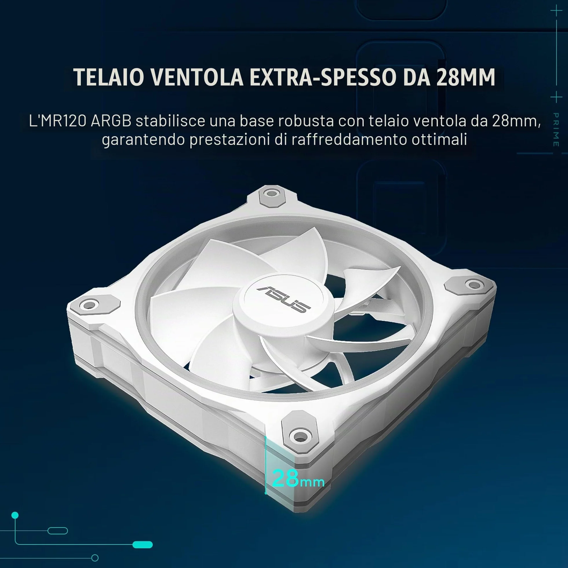 ASUS Prime MR120 ARGB Reverse, Ventola per Case da 120 mm, Spessore Telaio 2,8 cm, 20 LED ARGB Compatibili con Aura Sync per Illuminazione da Entrambi i Lati, 23 dB di Rumore, 3 Pezzi, Bianco