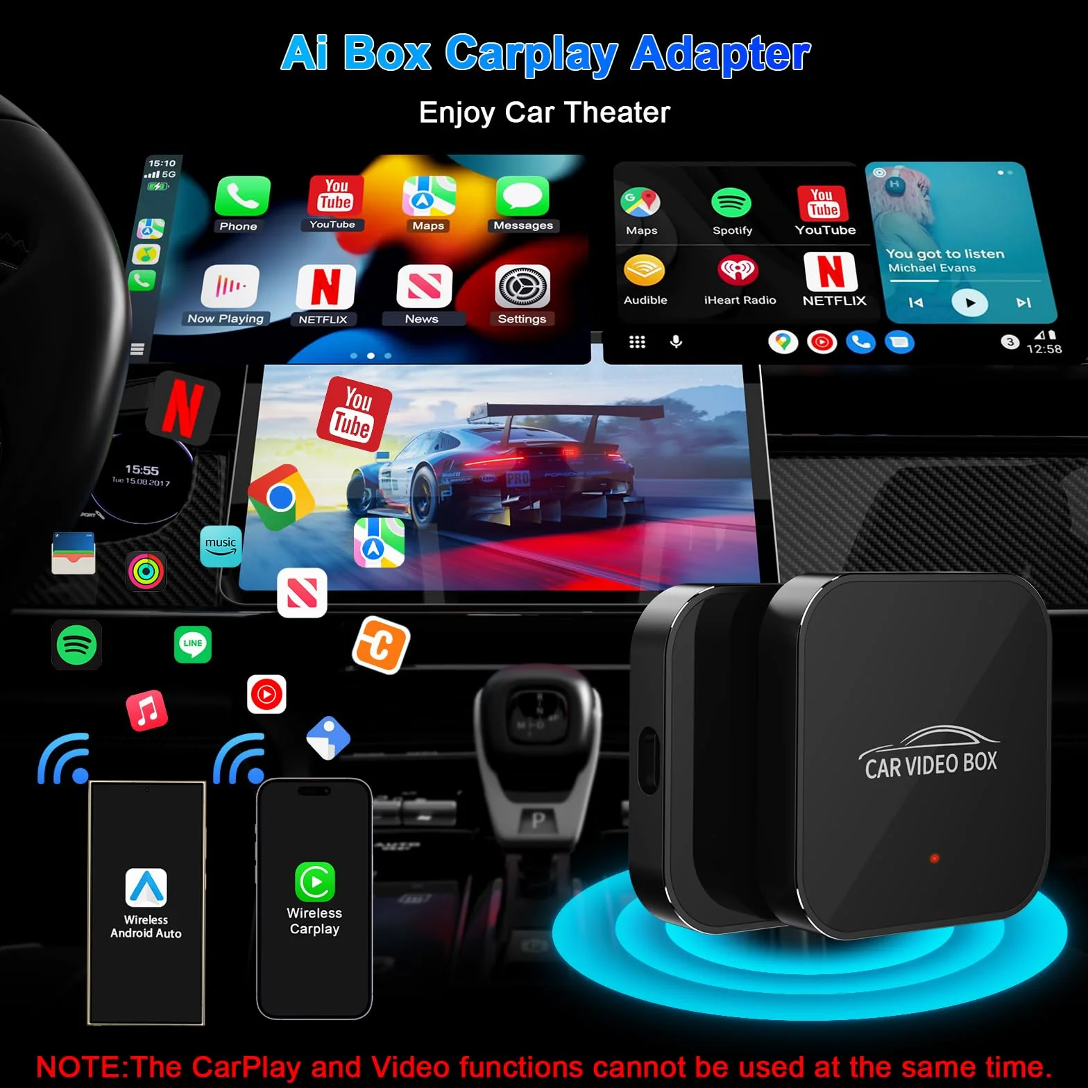 Adattatore Carplay wireless con YouTube, adattatore wireless Carplay 2024 e dongle Android Auto facile da configurare, WiFi 5GHz