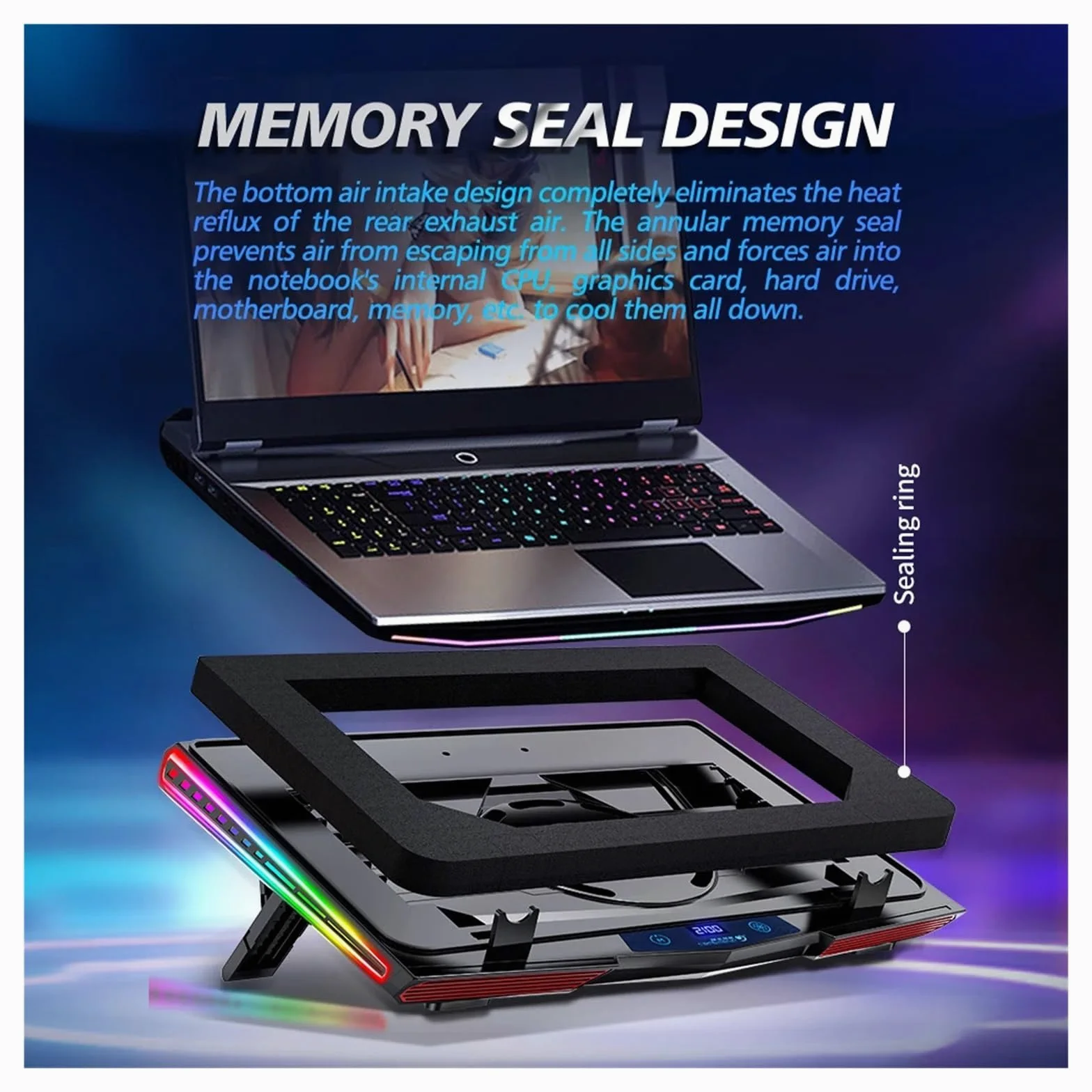 Tappetino di Raffreddamento for Laptop RGB A Compressione d'Aria, Dispositivo di Raffreddamento USB Ultra Silenzioso, Supporto Regolabile for Dissipazione Rapida del Calore