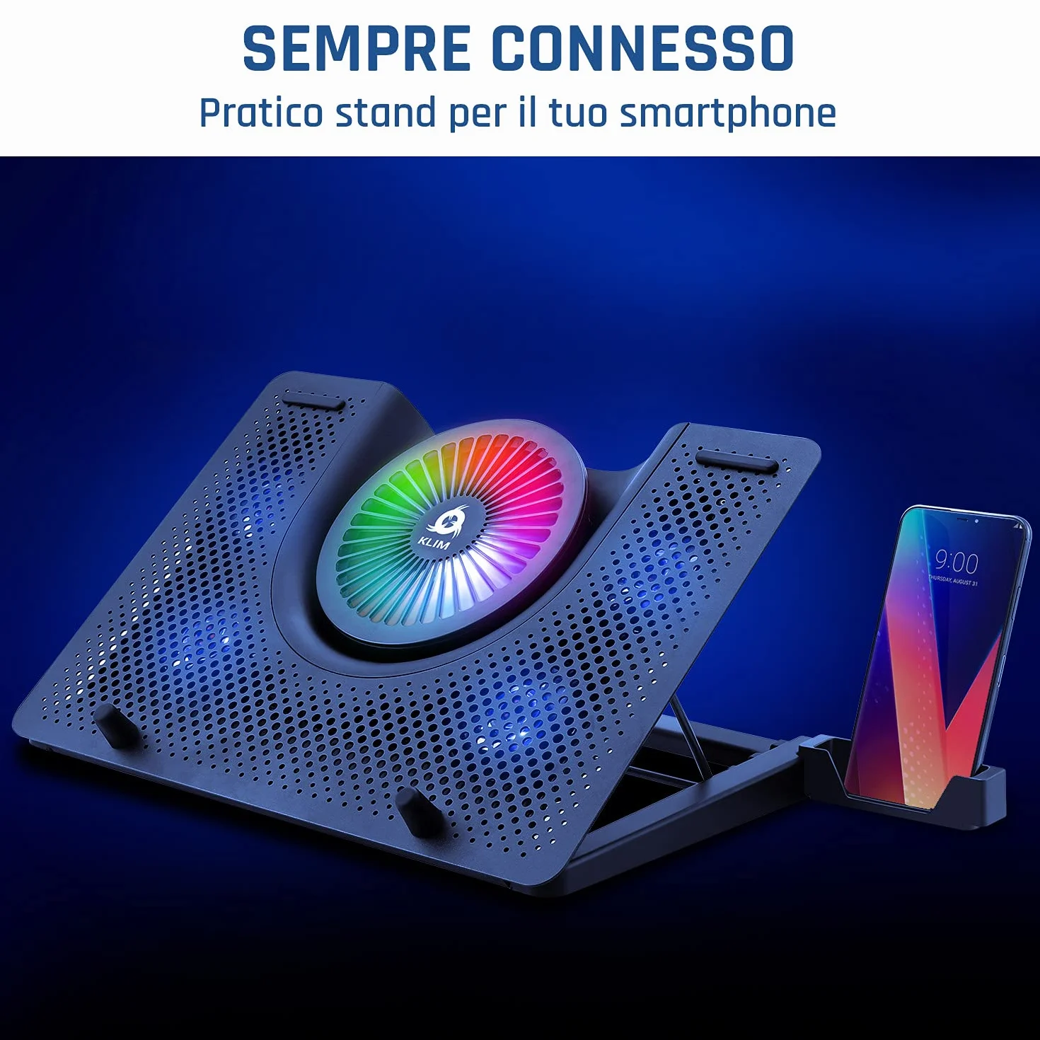 KLIM Nova - Base di raffreddamento RGB per PC portatili da 11" a 17" - Supporto di raffreddamento per laptop da gaming - USB - Stabile e silenzioso - Compatibile con Mac e PS4 - Novità Versione