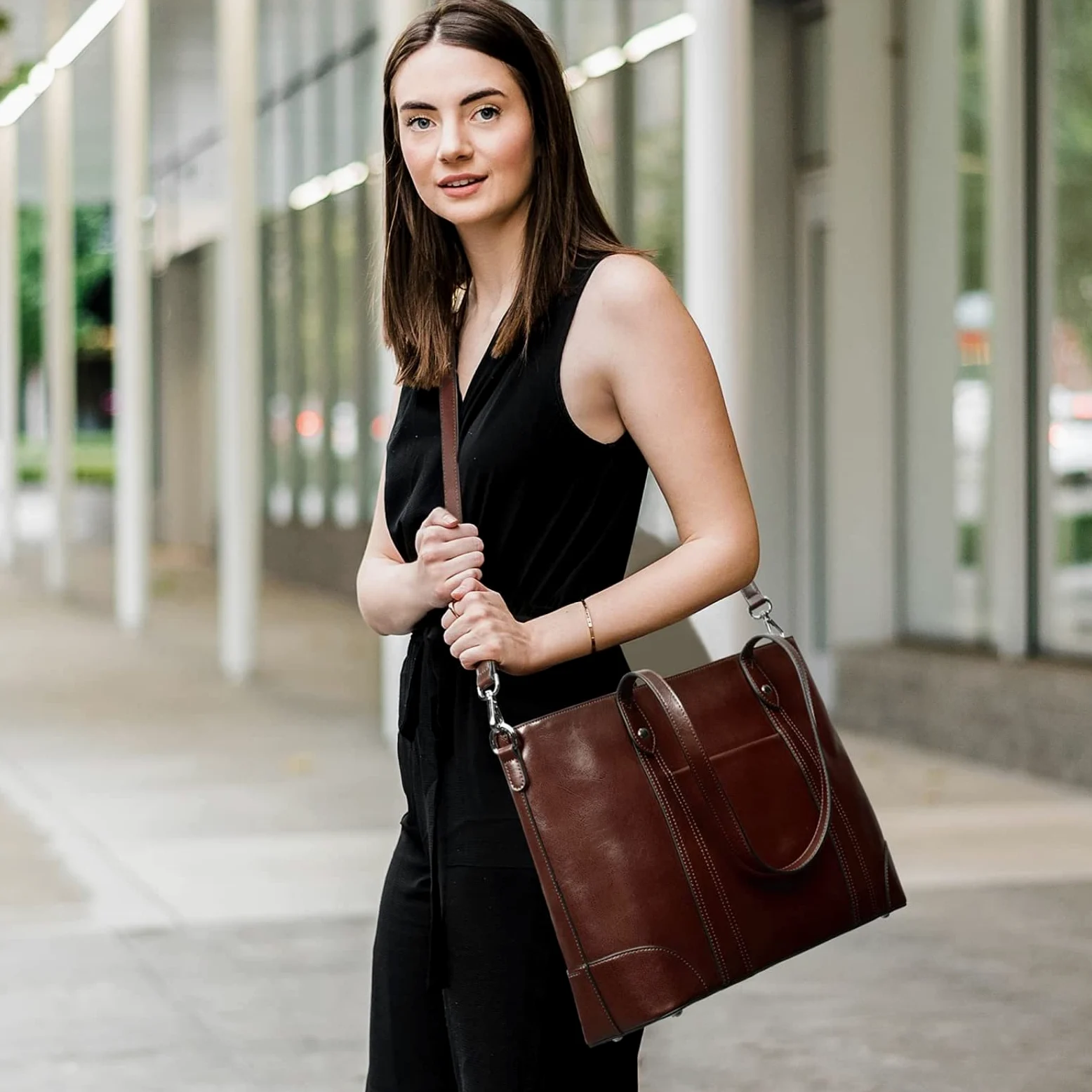 S-ZONE Borsa Tote in Pelle per Donna Borsa a Tracolla da ufficio Borsa per Laptop da Lavoro da 15,6 Pollic
