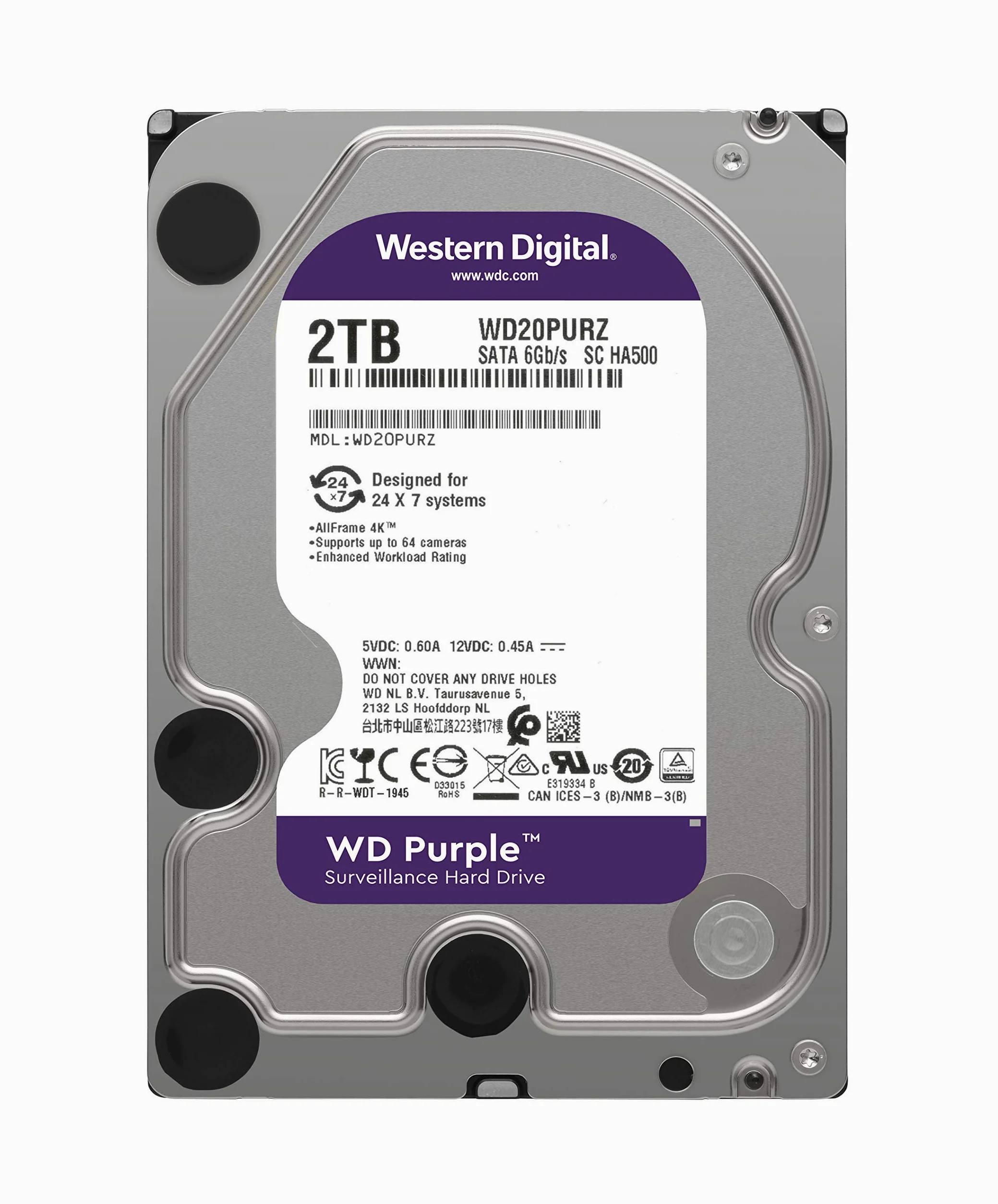 Western Digital WD20PURZ WD Purple Hard Disk per Videosorveglianza con Tecnologia Allframe 4K 3.5 Pollici SATA 6 GB/s 180TB/Anno, 64 MB Cache, 5400 RPM, 2 TB, Grigio