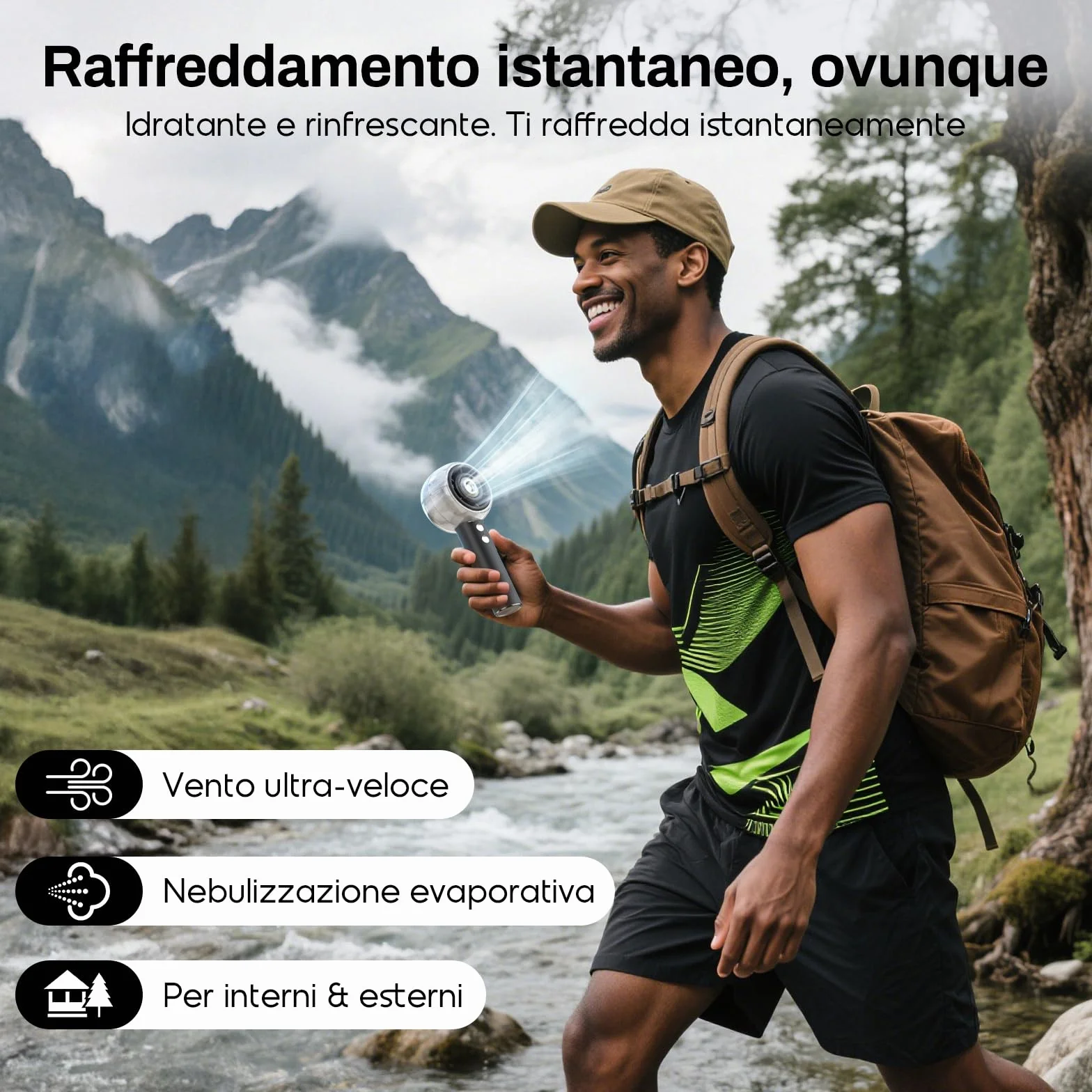Ventilatore Portatile a Mano con Nebulizzatore, Mini Ventilatore USB Potente, Motore Turbo, Batteria Ricaricabile 6000mAh, 4 Velocità, per Viaggi, Outdoor, Idea Regalo Donna Uomo (Nero)