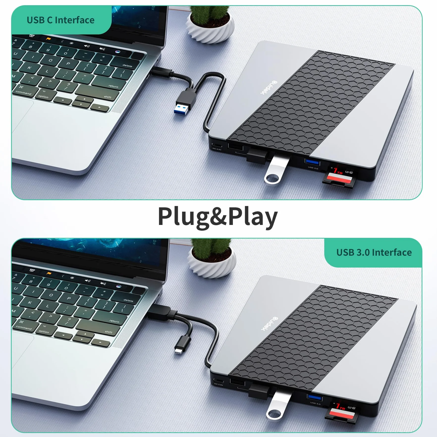 SUIDEK Unità CD/DVD esterna, USB 3.0 USB C portatile CD DVD +/-RW masterizzatore DVD con lettore di schede SD/Micro SD 7 in 1 Hub compatibile con computer portatile, Mac, PC, Windows Linux