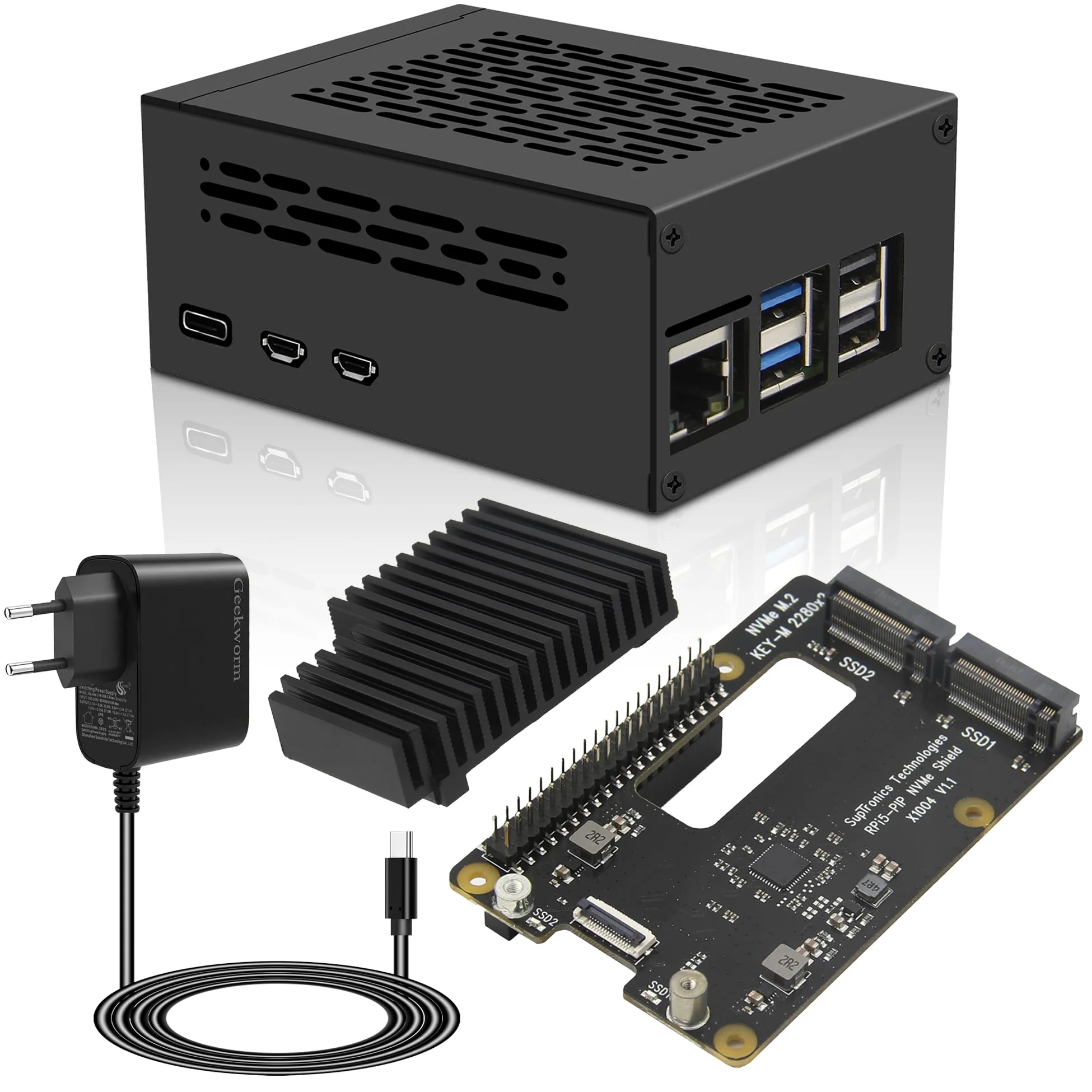 Geekworm X1004 PCIe to Dual M2 NVMe SSD 2280 Shield with Case, Passive Cooler & Power Adapter for Raspberry Pi 5