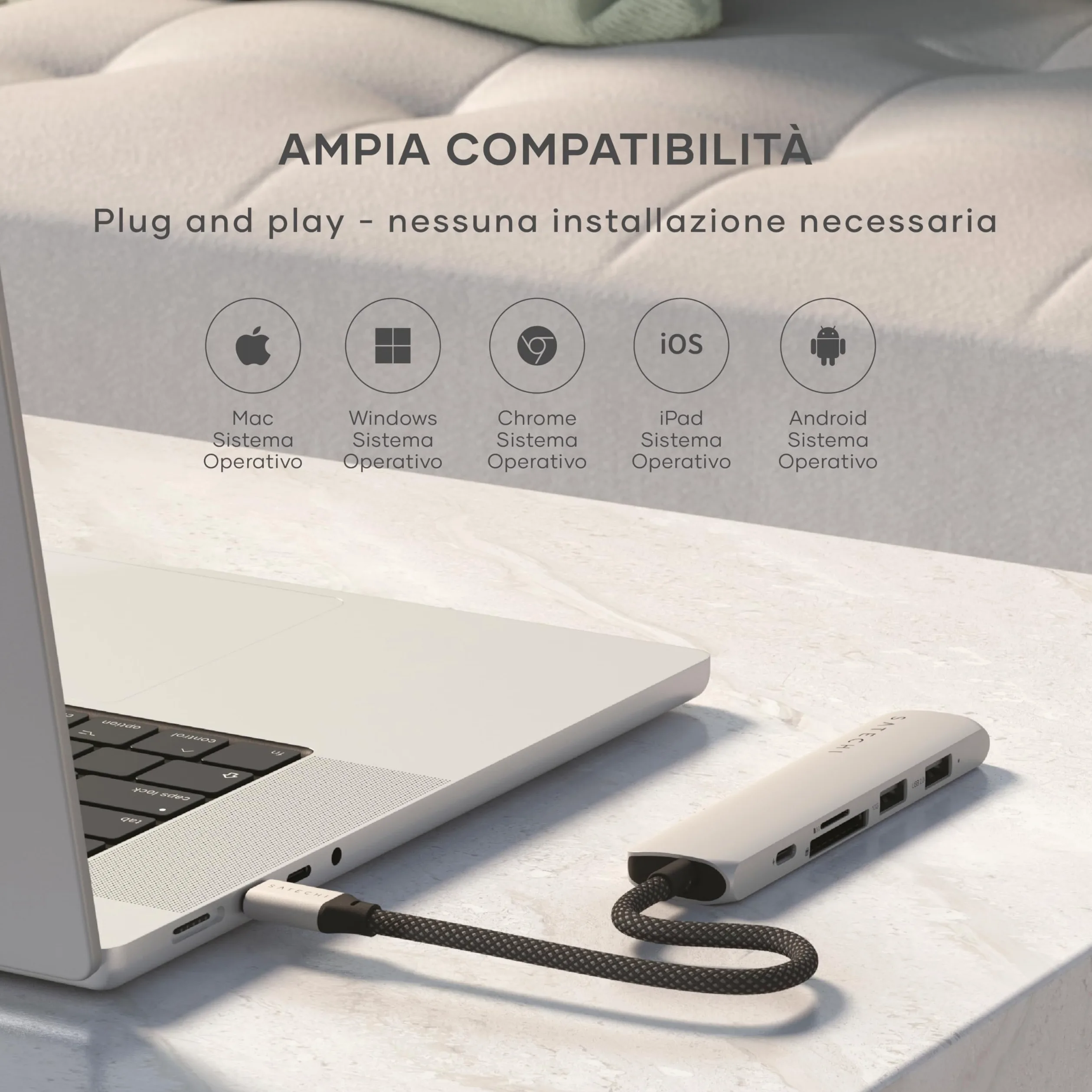 SATECHI Hub USB C 6 in 1 Slim Plus, PD 100W, HDMI 4K, Argento | 2x Porte USB-A 10Gbps, video 4K@60Hz, lettori SD/microSD, per MacBook Air/Pro/Neo, Windows e altro