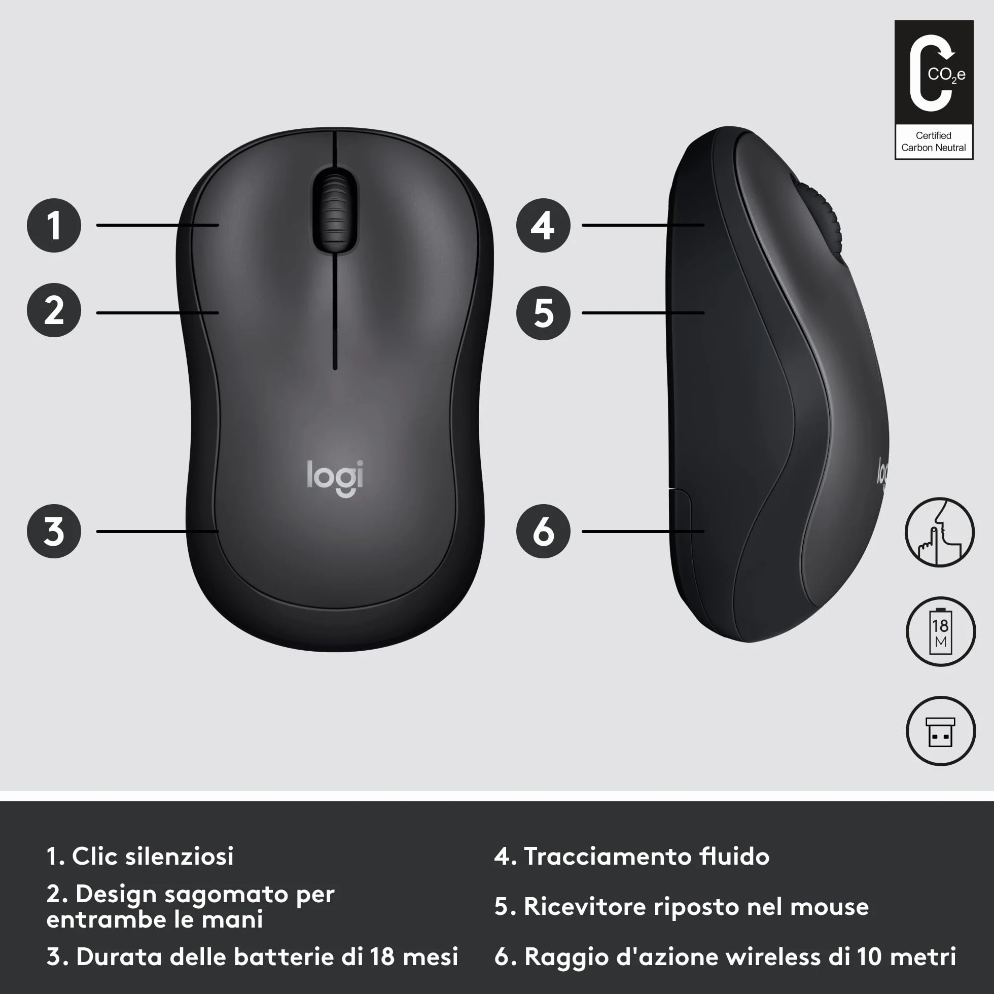 Logitech M220 SILENT Mouse Wireless, 2,4 GHz con Ricevitore USB, Tracciamento Ottico 1000 DPI, Durata Batteria di 18 Mesi, Ambidestro, Compatibile con PC, Mac, Laptop - Grigio