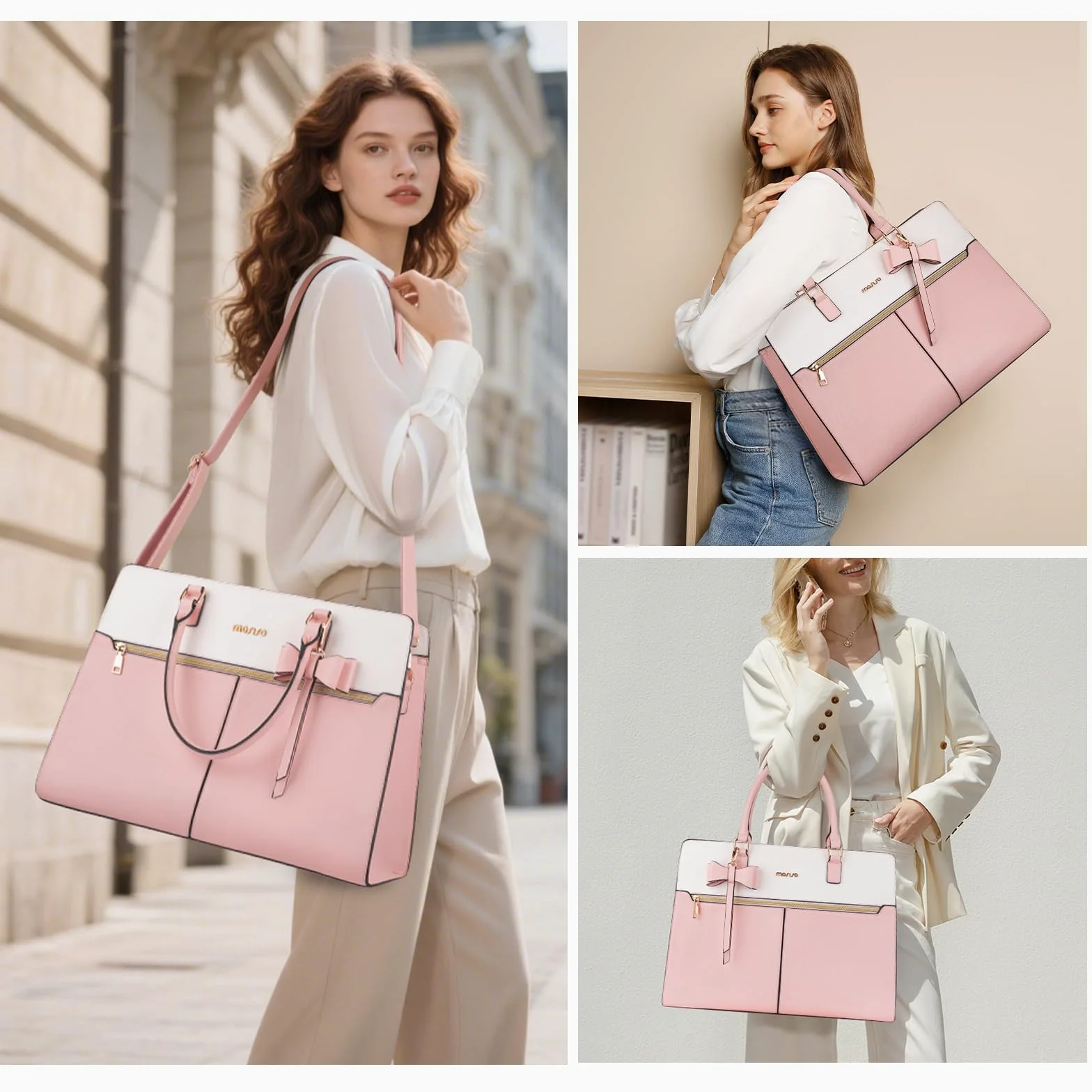 MOSISO Borsa Tote Laptop Donna, 15.6 Pollici Lavoro Pelle PU Impermeabile con Pochette e Fiocco, Borse a Mano Grande Capacita, Borsa a Tracolla Computer, Valigetta Lavoro Ufficio, Insegnante,Rosa