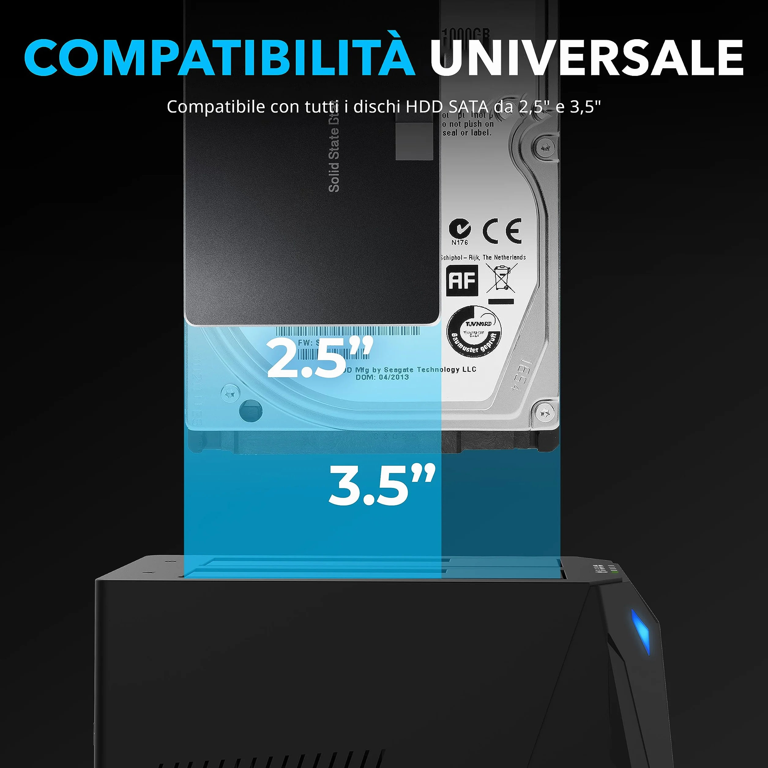 SABRENT Docking Station SSD/Hard Disk esterno/HDD 2.5/3.5 pollici, USB 3.0 Gen 1, 2 slot per SSD/HDD, con alimentatore, per SSD SATA fino a 22TB, con funzione clonatore di Hard Disk (EC-HD2B-EU)