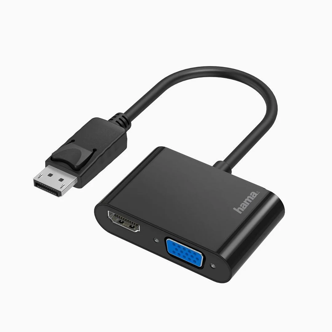 Hama Adattatore DisplayPort a VGA e HDMI, 4K Ultra HD, Full HD (adattatore 2 in 1 con connettore per display, presa HDMI e presa VGA per il collegamento di PC, laptop a schermo, TV, proiettore)