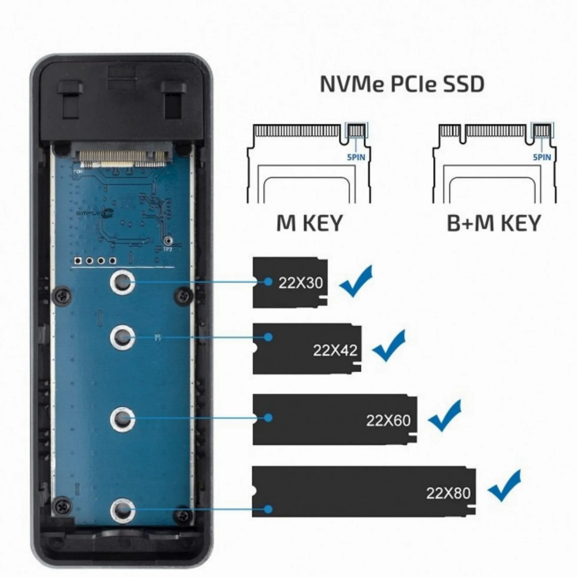 SIMPLETEK - SSD Esterno 480GB M.2 NVMe PCIe | Box USB 3.1 Gen2 (10Gbps) Type-C | Alluminio con Adattatore USB-A | NON SATA