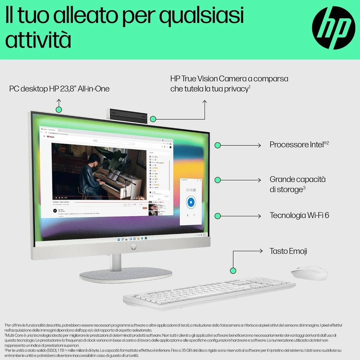 HP All-in-One 24-cr0000sl Intel Core i3-1315U 8GB RAM 512GB SSD 23,8" FHD IPS Windows 11 Bianco