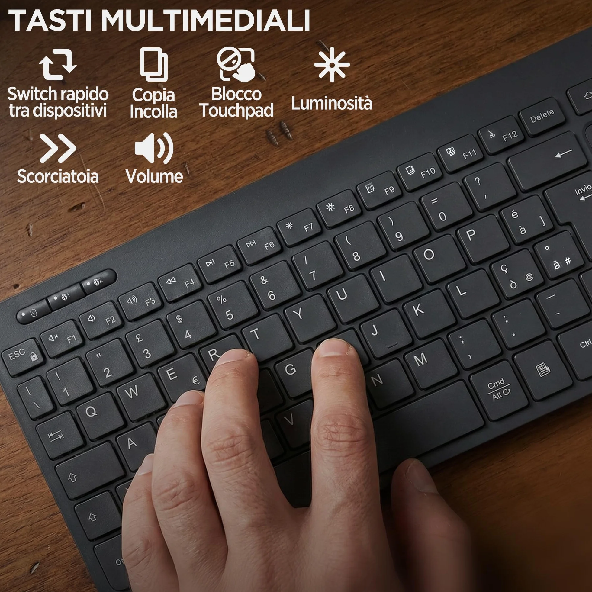 Atlantis Mini Tastiera con TouchPad multitouch integrato - Wireless senza fili RF + Bluetooth, QWERTY, Tasti funzione multimediali, per PC/Notebook/Smart TV/Smartphone/Tablet/iOS/Android - Nero