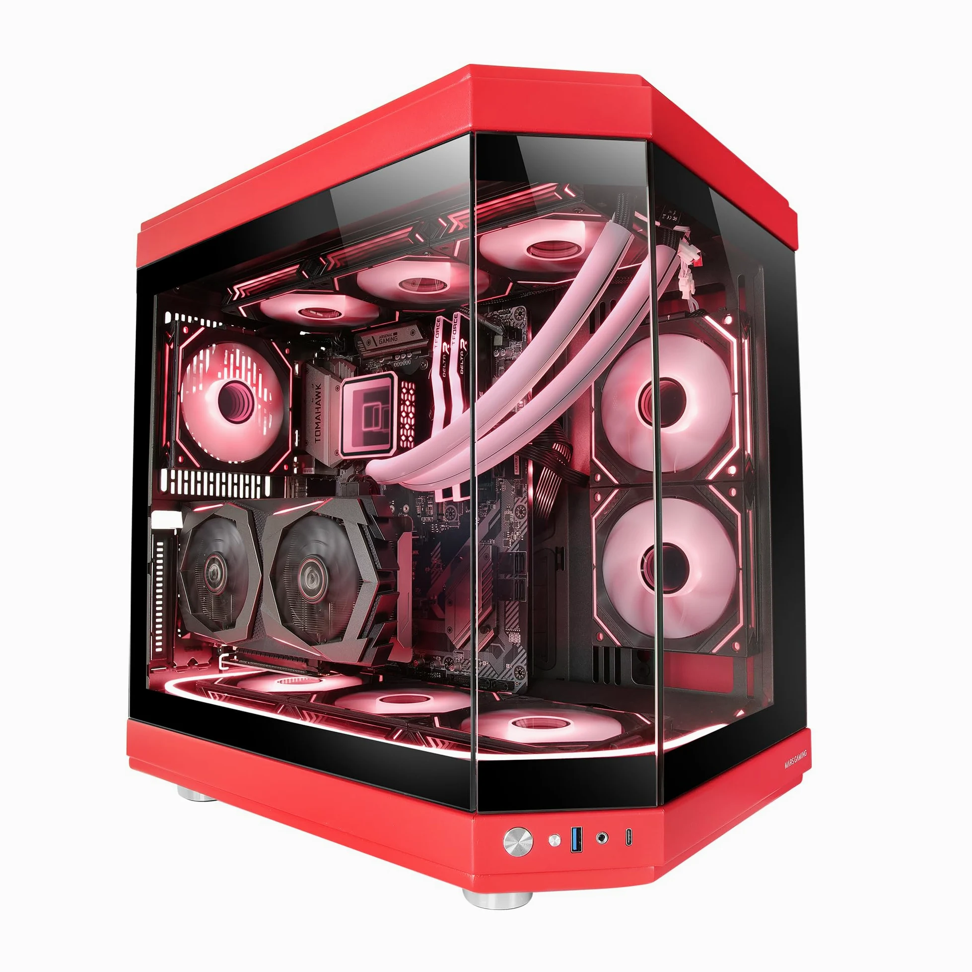 Mars Gaming MC-3T, Case Gaming Custom ATX, Vetro Temperato Continuo Tripla Finestra, Supporto Raffreddamento Liquido Completo, Doppia Camera Laterale, 3x Slot PCI Verticali, USB-C e USB 3.0, Rosso
