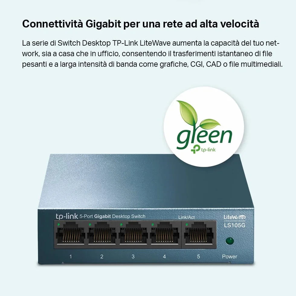 TP-Link Ls105G Switch Ethernet 5 Porte Gigabit, Sdoppiatore Ethernet, Struttura In Metallo, 802.1P/Dscp Qos, Funzionamento Silenzioso, Montaggio Desktop, Blu, ‎9.98 x 9.8 x 2.5 cm; 190 grammi