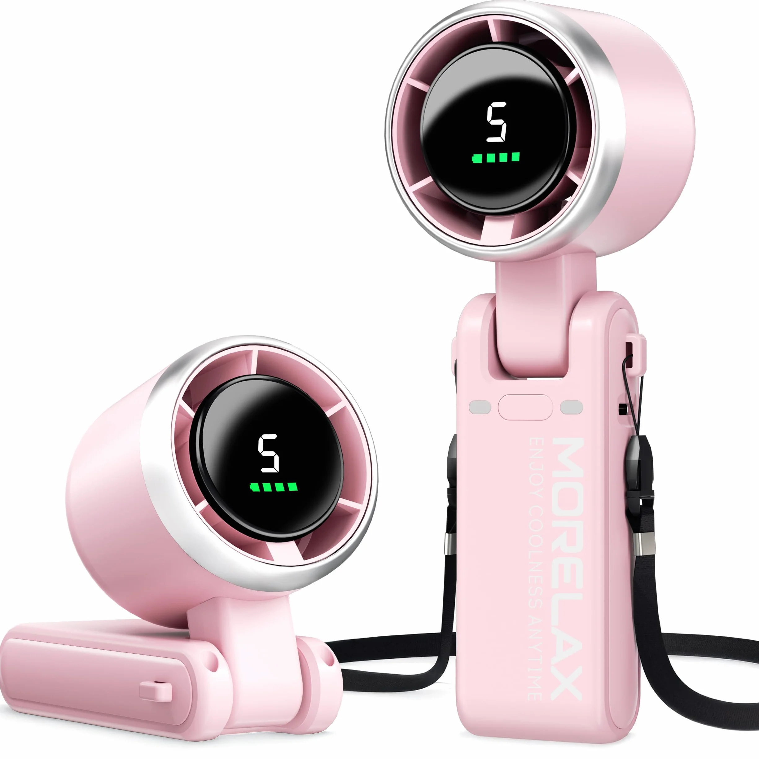 Morelax Ventilatore Portatile a Mano, Raffreddamento Turbo 10m/s, 5 Velocità con Display a LED, 4000 mAh, Ventilatore Pieghevoleda Scrivania/Collo/Tasca per Viaggi, Trucco, All'aperto, Rosa