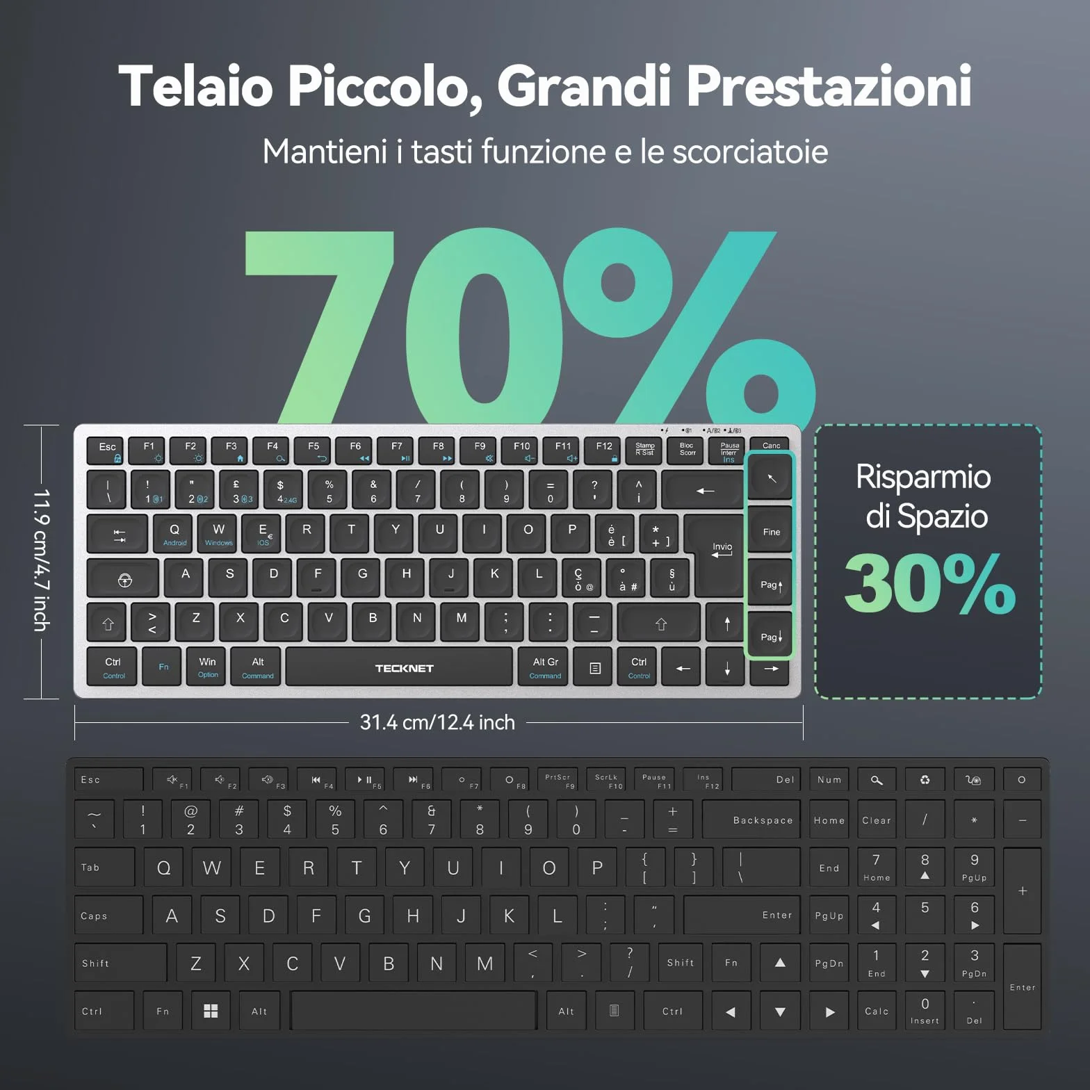 TECKNET Tastiera Bluetooth Ricaricabile, 4-Dispositivo (2.4G USB+3 BT), Mini Tastiera Wireless Italiana, Easy-Switch per Windows, MacOS, iOS, Android, Samsung Tablet, Smart TV, Italiano Layout QWERTY