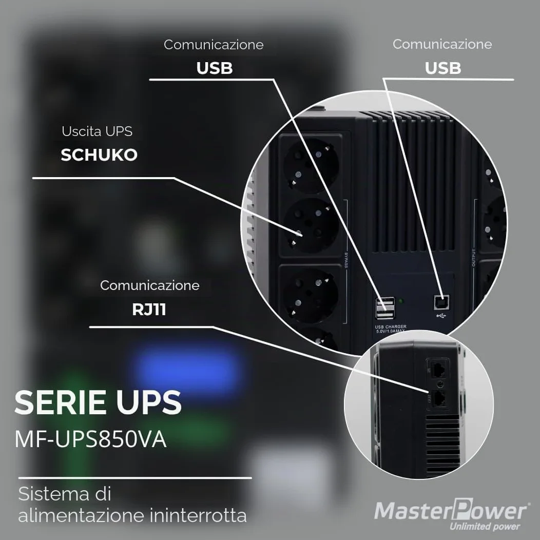 Master U-Power UPS 850VA (480W) Offline – Gruppo di Continuità con Display LCD, 8 Prese Schuko, USB e RJ45 – Protezione Elettrica per PC e Rete