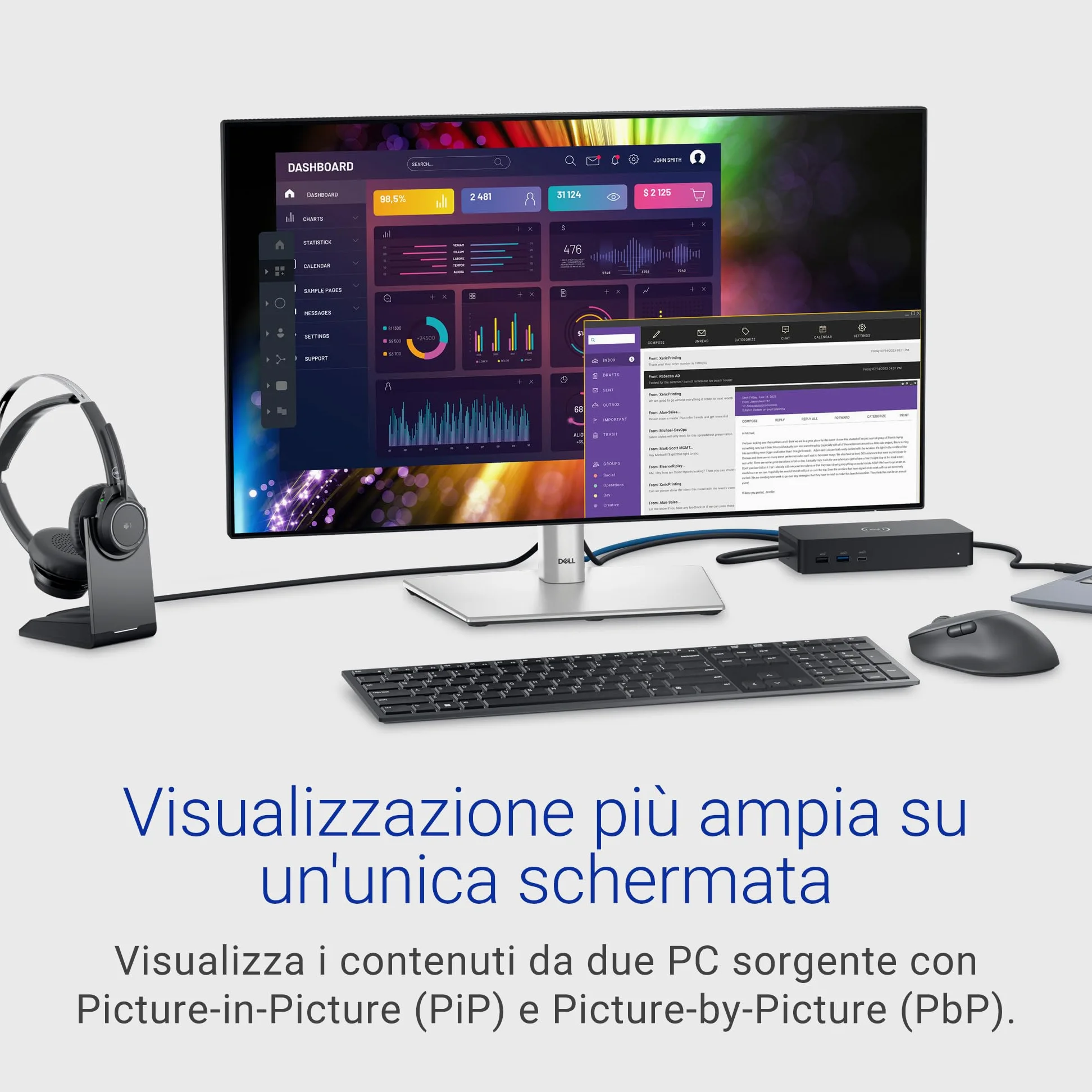 Dell U2724D UltraSharp 27" QHD (2560x1440) Monitor, 120Hz, IPS Black, 5ms, 98% DCI-P3, 2x USB-C, 2x DisplayPort, HDMI, 3x USB, 3 Anni di Garanzia, Argento