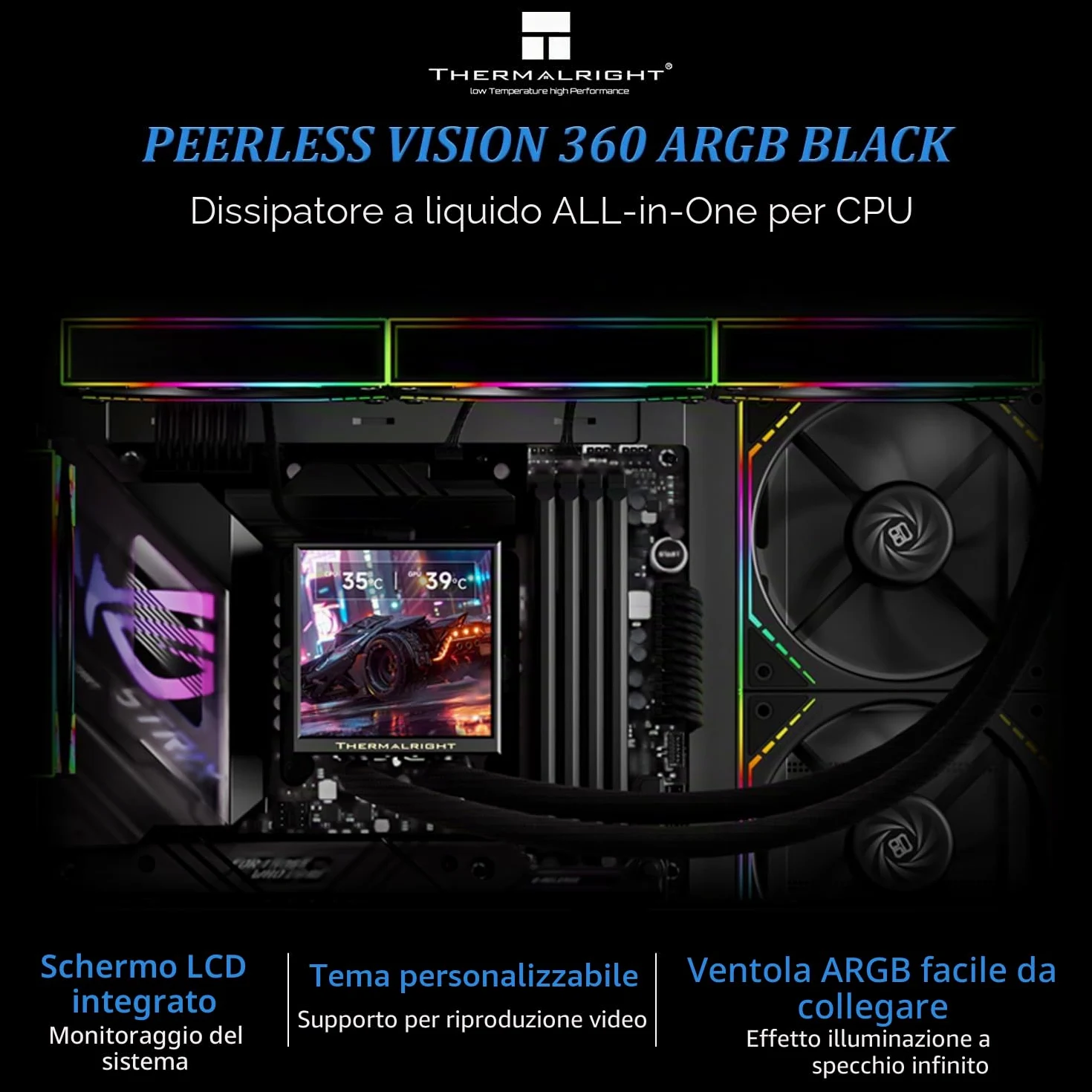 Thermalright Peerless Vision 360 ARGB Black Aio - Refrigeratore a liquido per CPU, schermo IPS da 3,95 pollici con risoluzione 480 x 480, ventola CPU Splicing wireless, per AM5/Intel LGA1851/1700